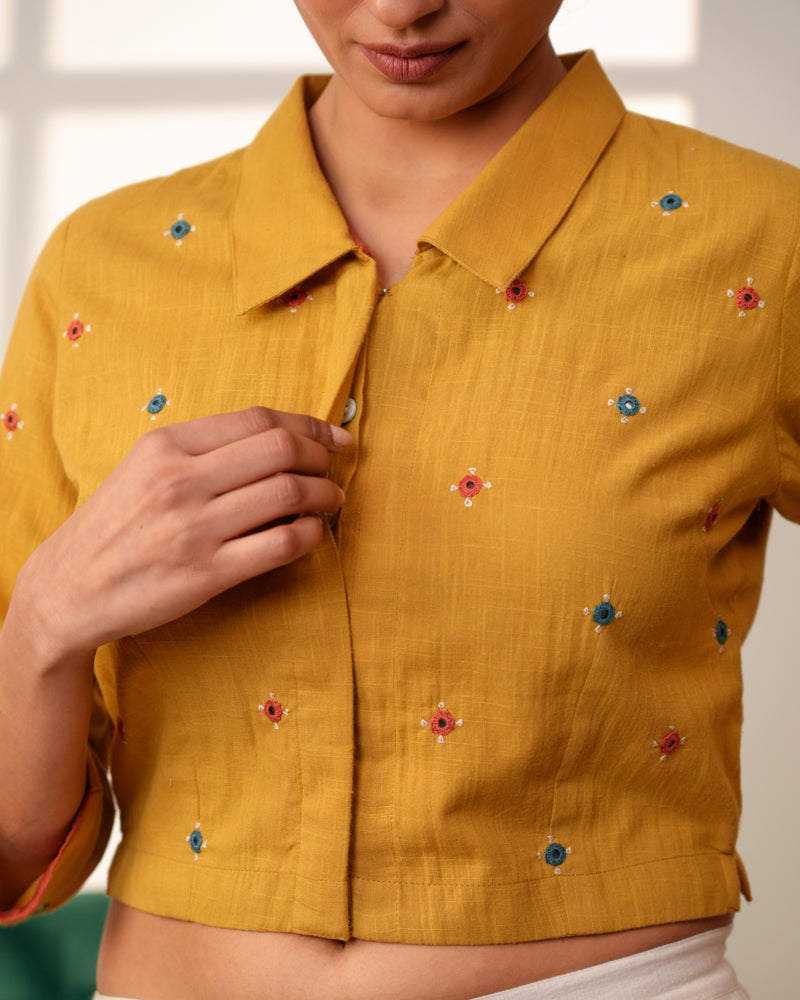 Paheli Mustard Shirt-Collar Cotton Blouse With Pakka Hand Embroidery