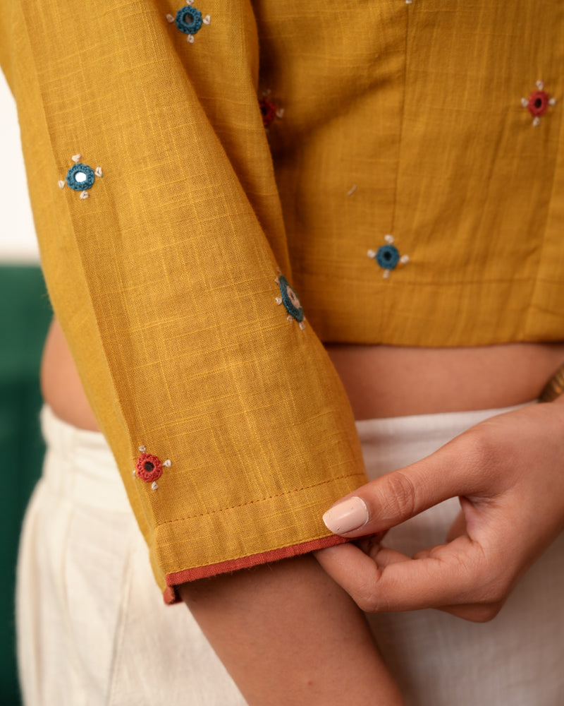 Paheli Mustard Shirt-Collar Cotton Blouse With Pakka Hand Embroidery
