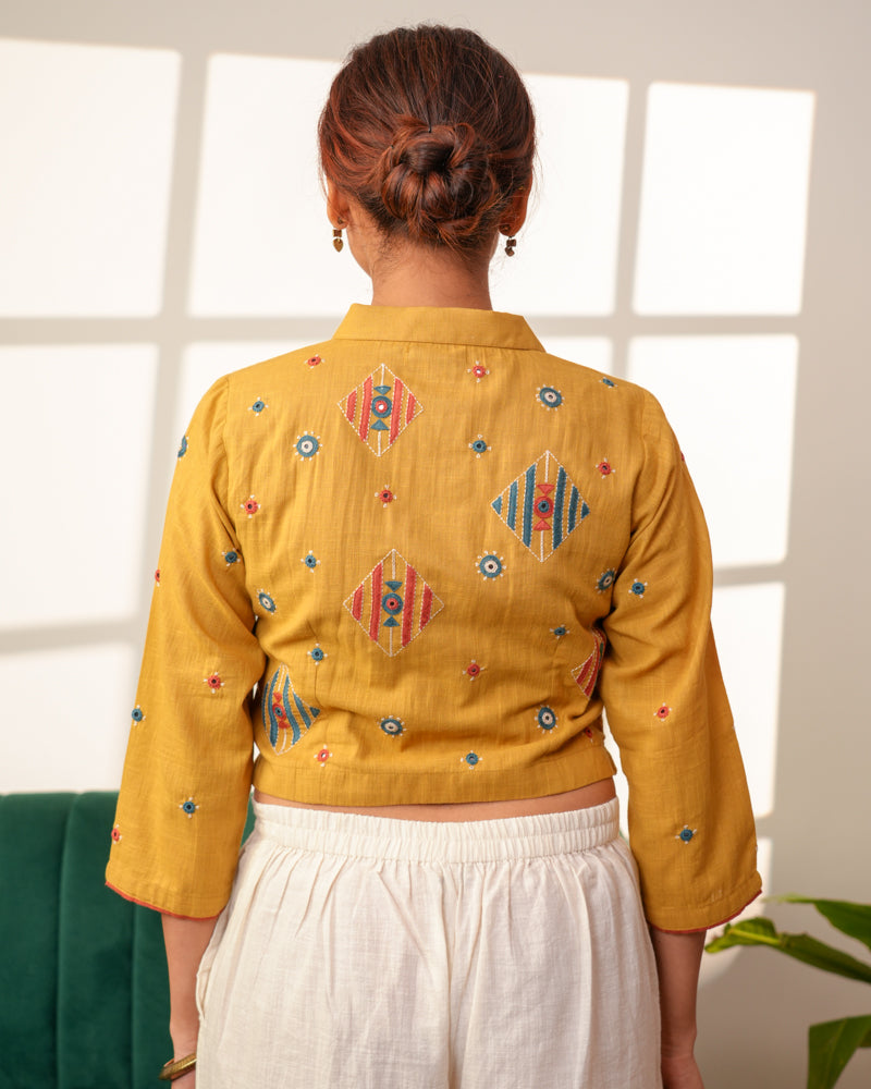 Paheli Mustard Shirt-Collar Cotton Blouse With Pakka Hand Embroidery