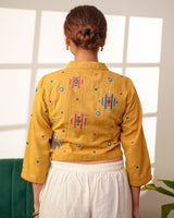 Paheli Mustard Shirt-Collar Cotton Blouse With Pakka Hand Embroidery