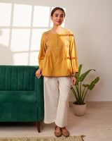 Paheli Mustard Side-Gather Cotton Top With Pakka Hand Embroidery