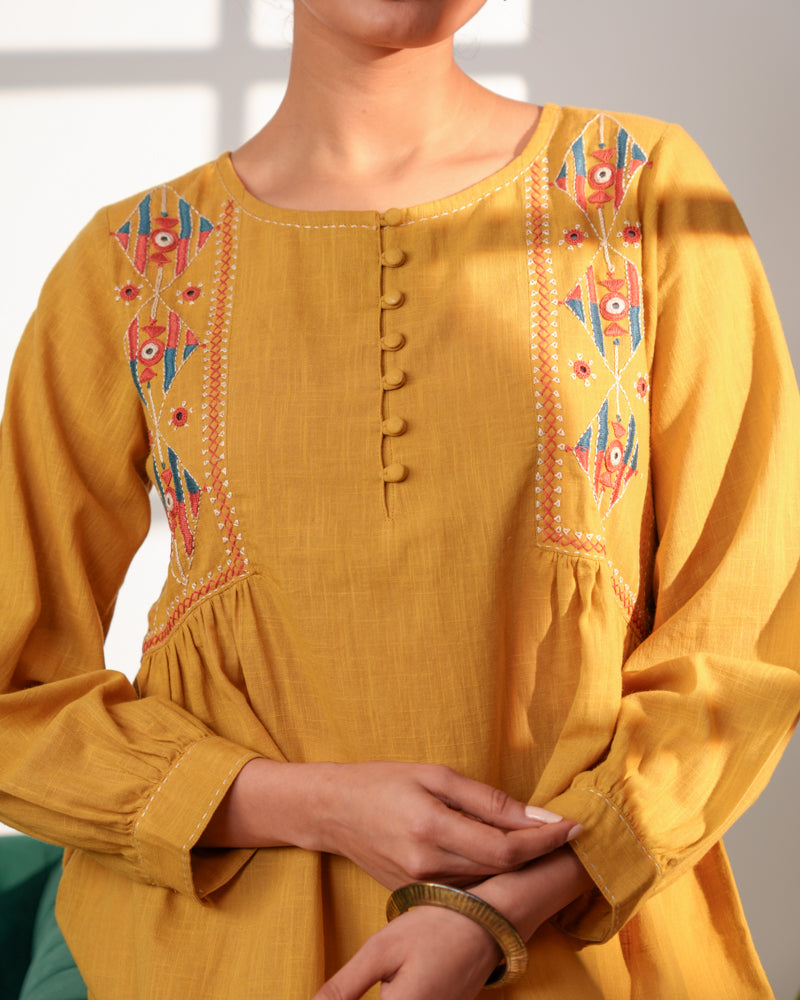 Paheli Mustard Side-Gather Cotton Top With Pakka Hand Embroidery