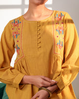 Paheli Mustard Side-Gather Cotton Top With Pakka Hand Embroidery