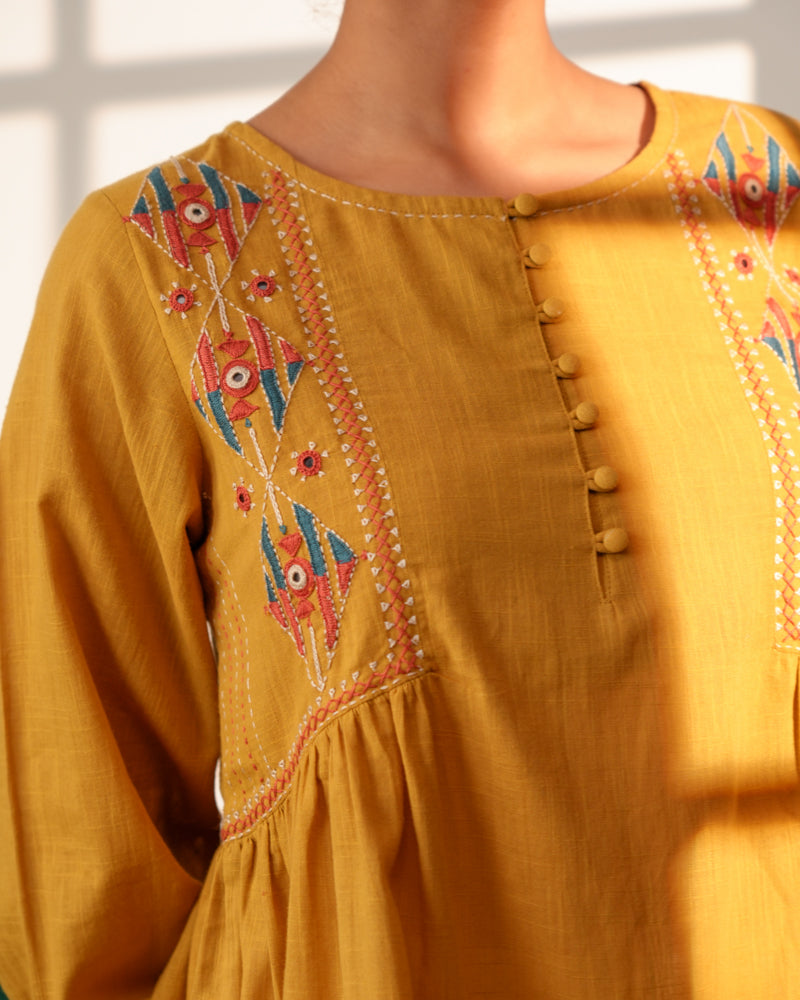Paheli Mustard Side-Gather Cotton Top With Pakka Hand Embroidery