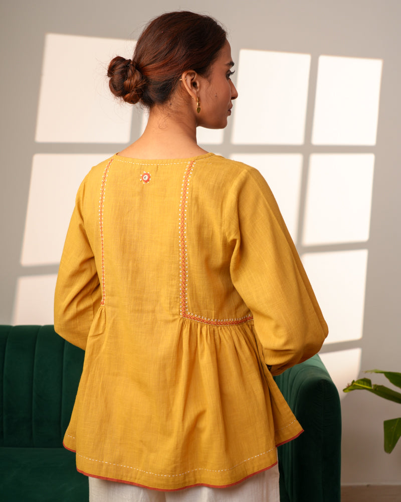Paheli Mustard Side-Gather Cotton Top With Pakka Hand Embroidery