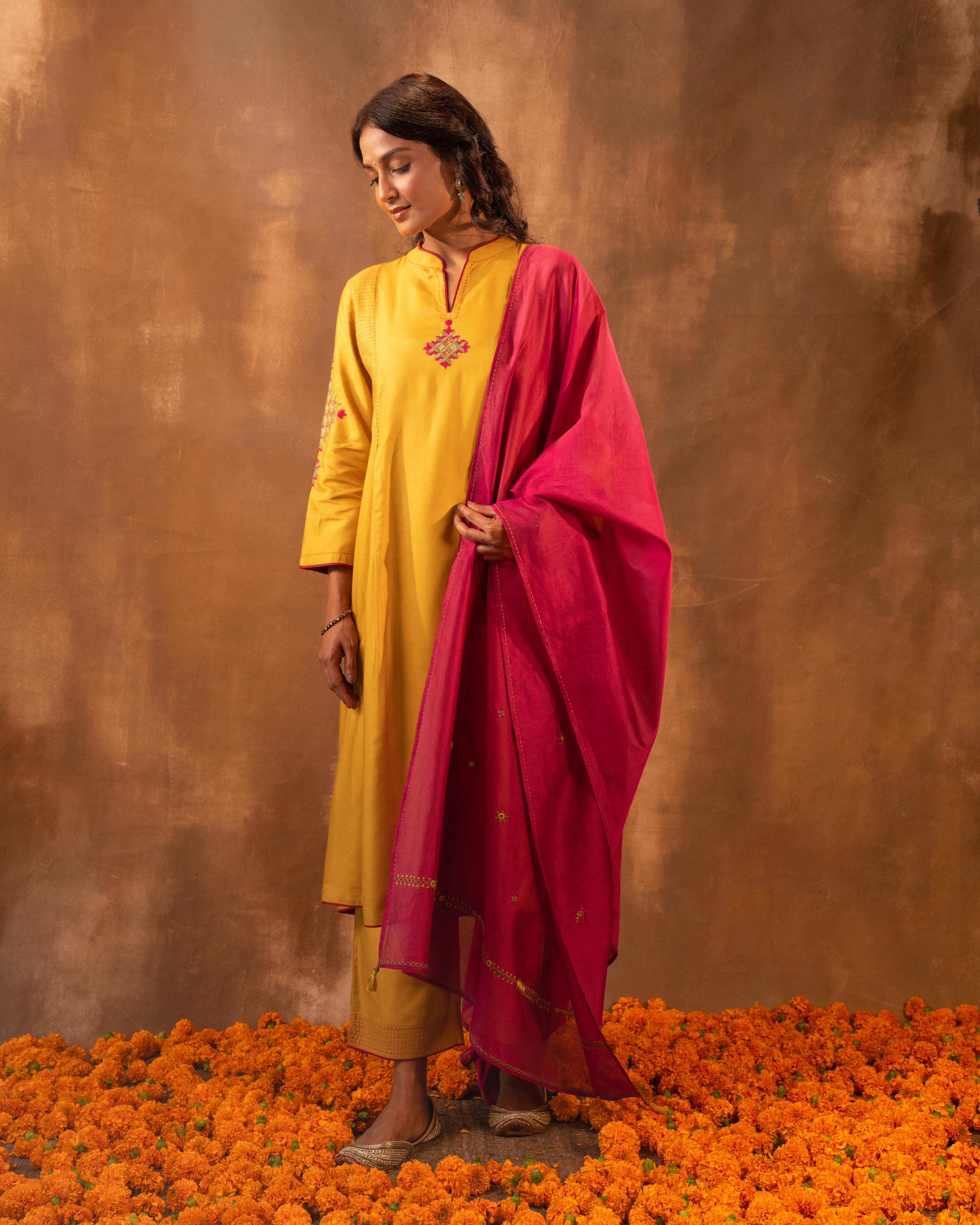 Ruhani Yellow Flared Cotton Silk Kurta With Pakka Hand Embroidery