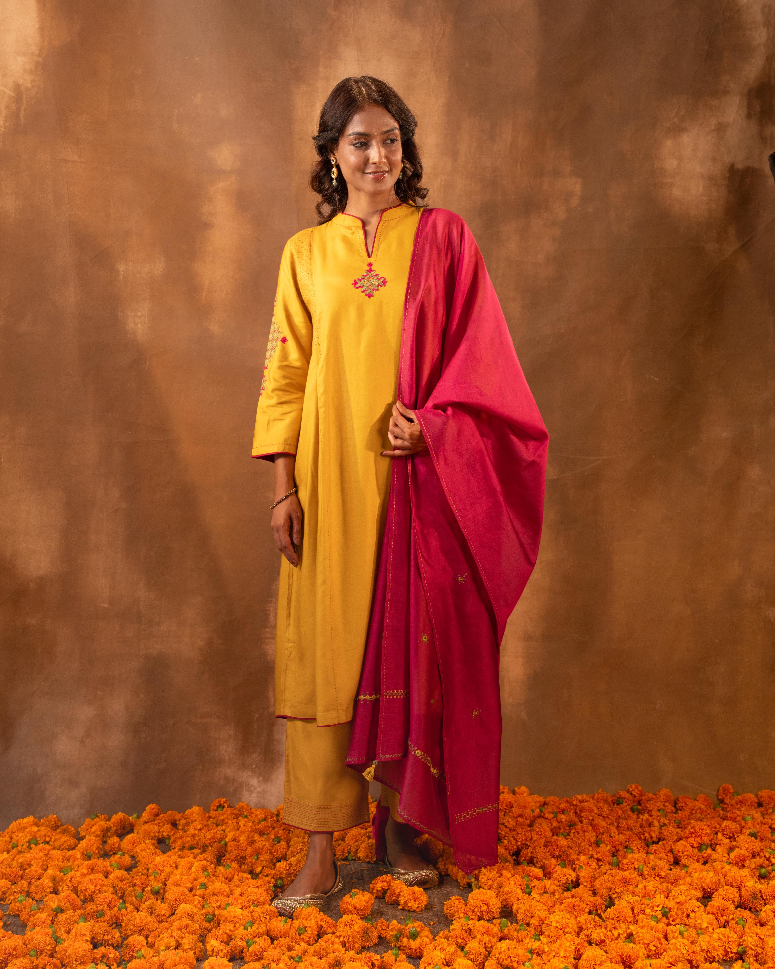 Ruhani Yellow Flared Cotton Silk Kurta With Pakka Hand Embroidery