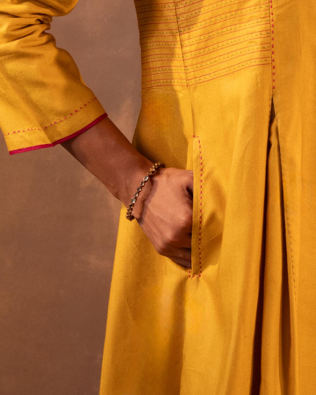 Ruhani Yellow Flared Cotton Silk Kurta With Pakka Hand Embroidery