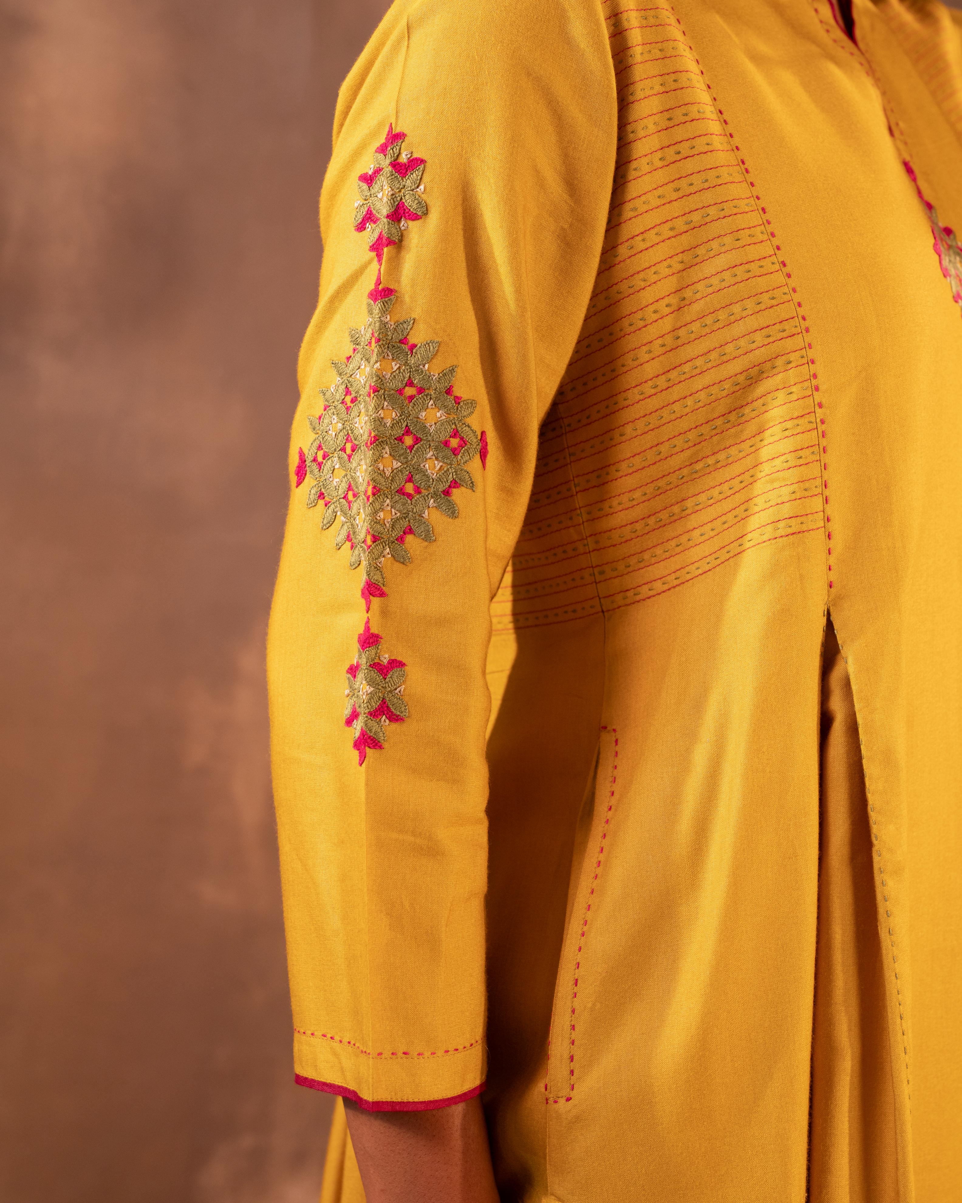 Ruhani Yellow Flared Cotton Silk Kurta With Pakka Hand Embroidery