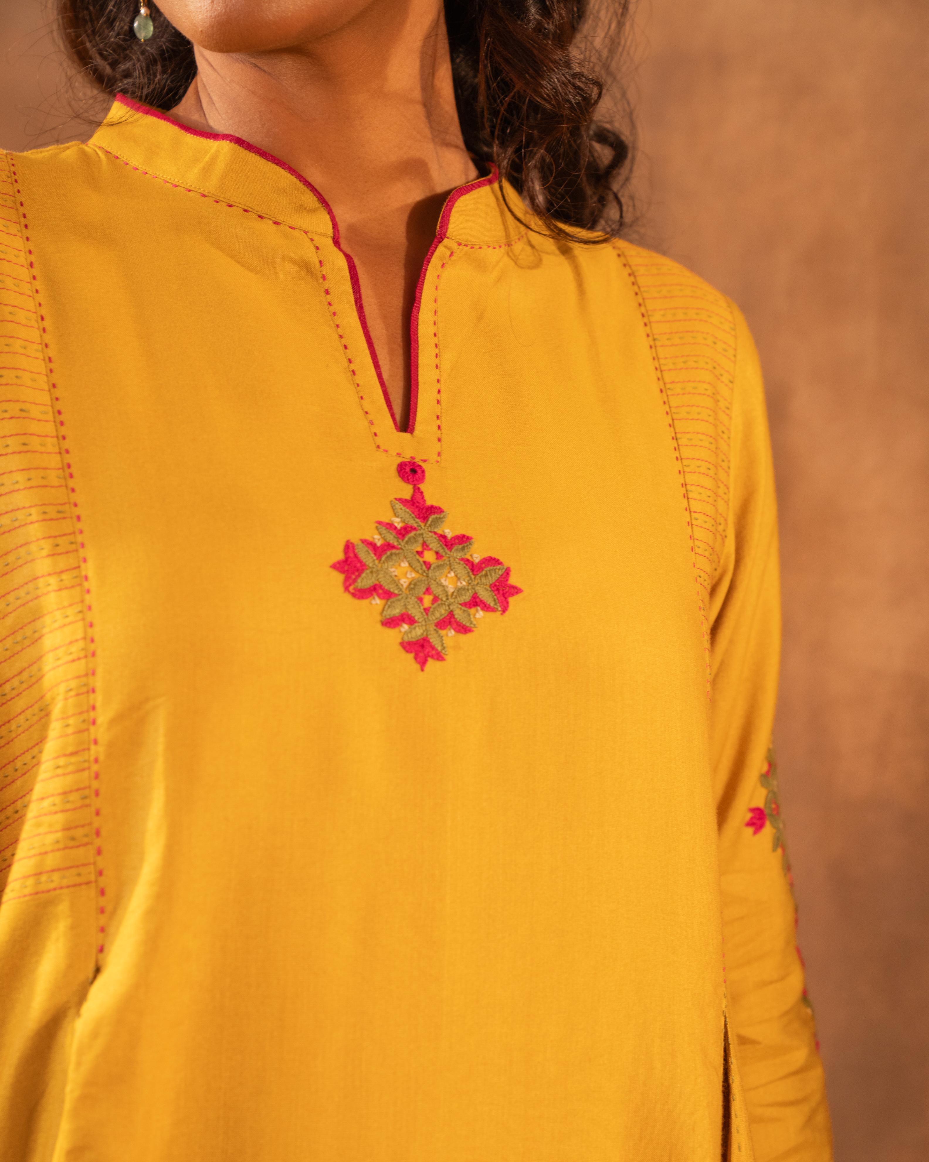 Ruhani Yellow Flared Cotton Silk Kurta With Pakka Hand Embroidery