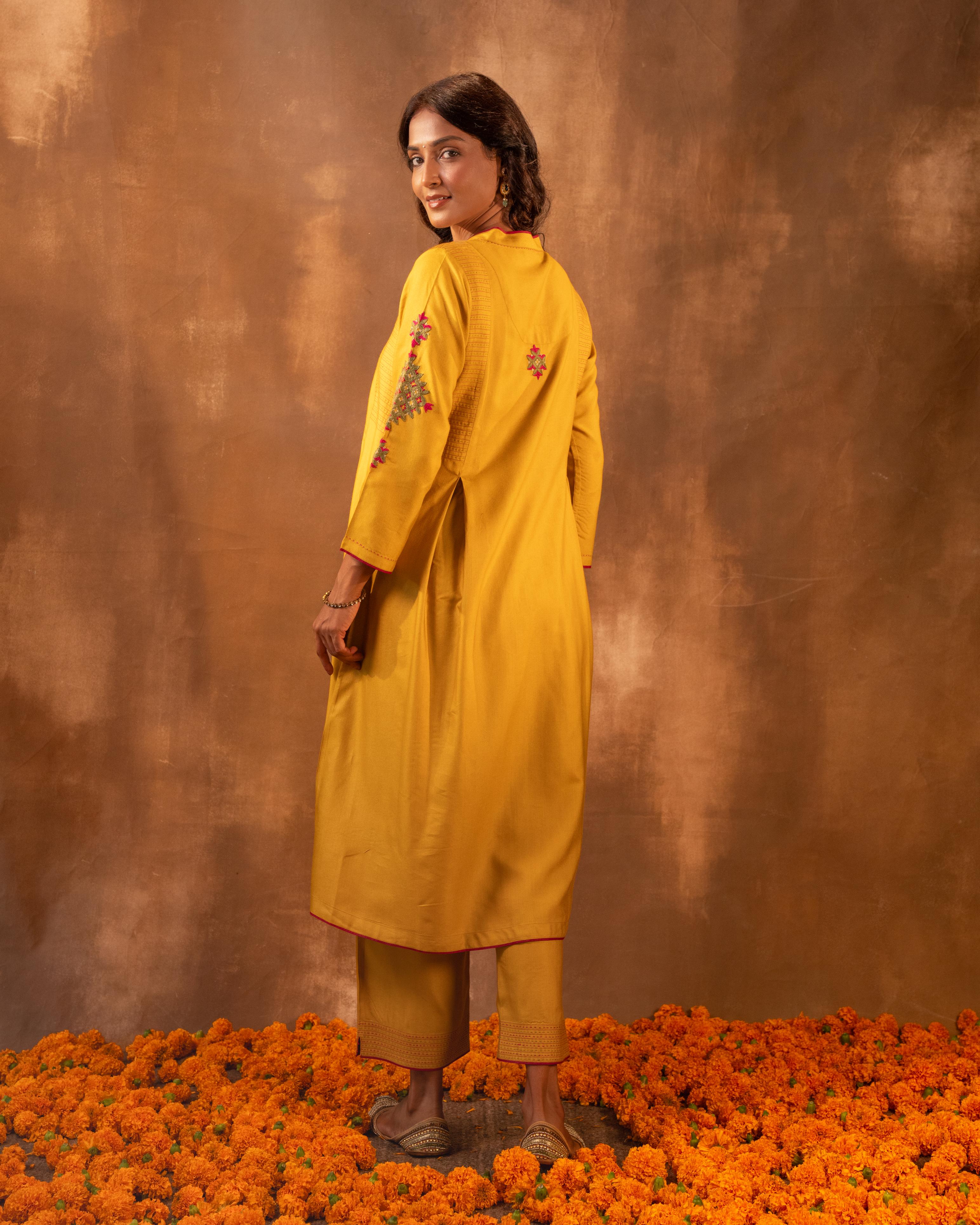 Ruhani Yellow Flared Cotton Silk Kurta With Pakka Hand Embroidery