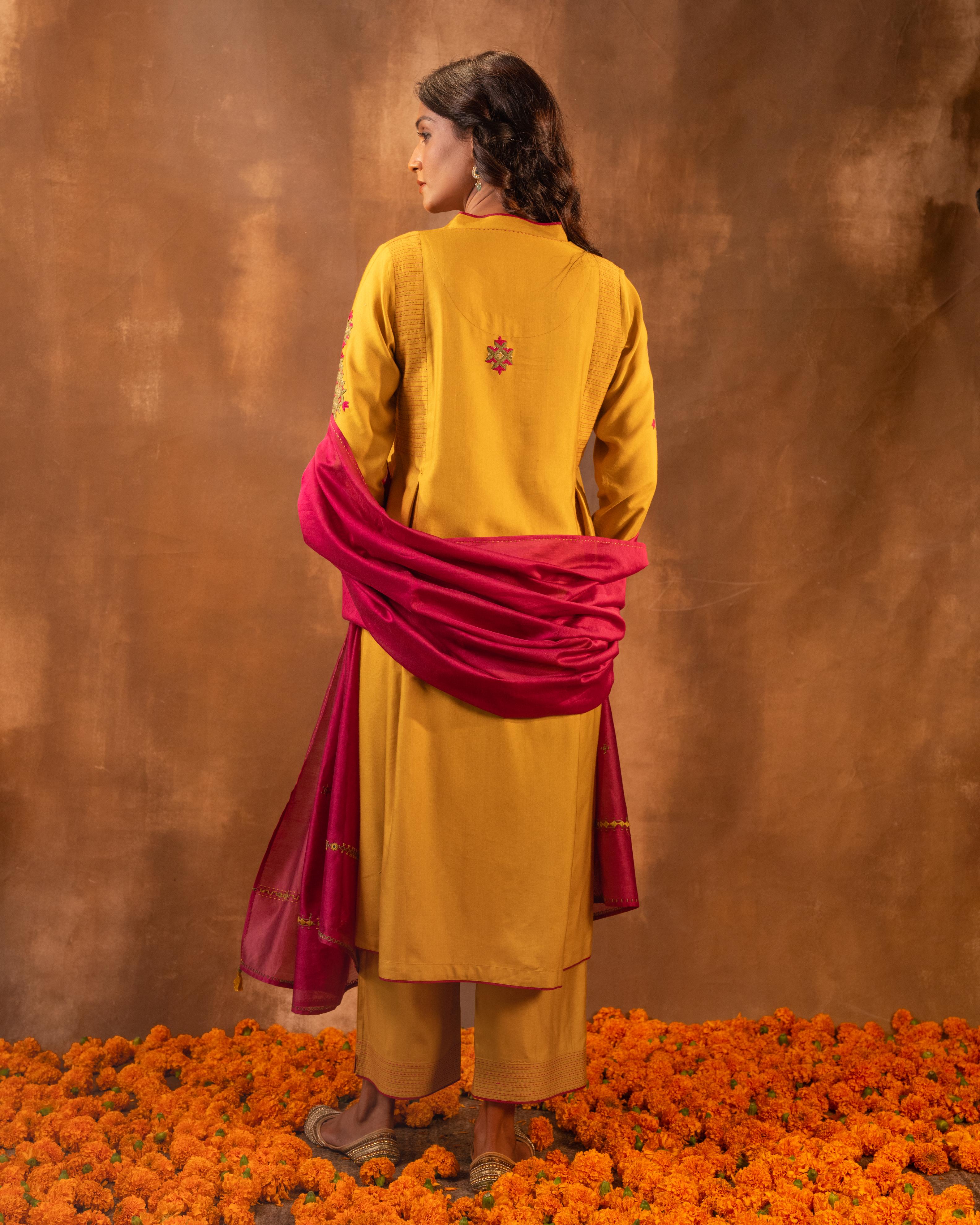 Ruhani Yellow Flared Cotton Silk Kurta With Pakka Hand Embroidery