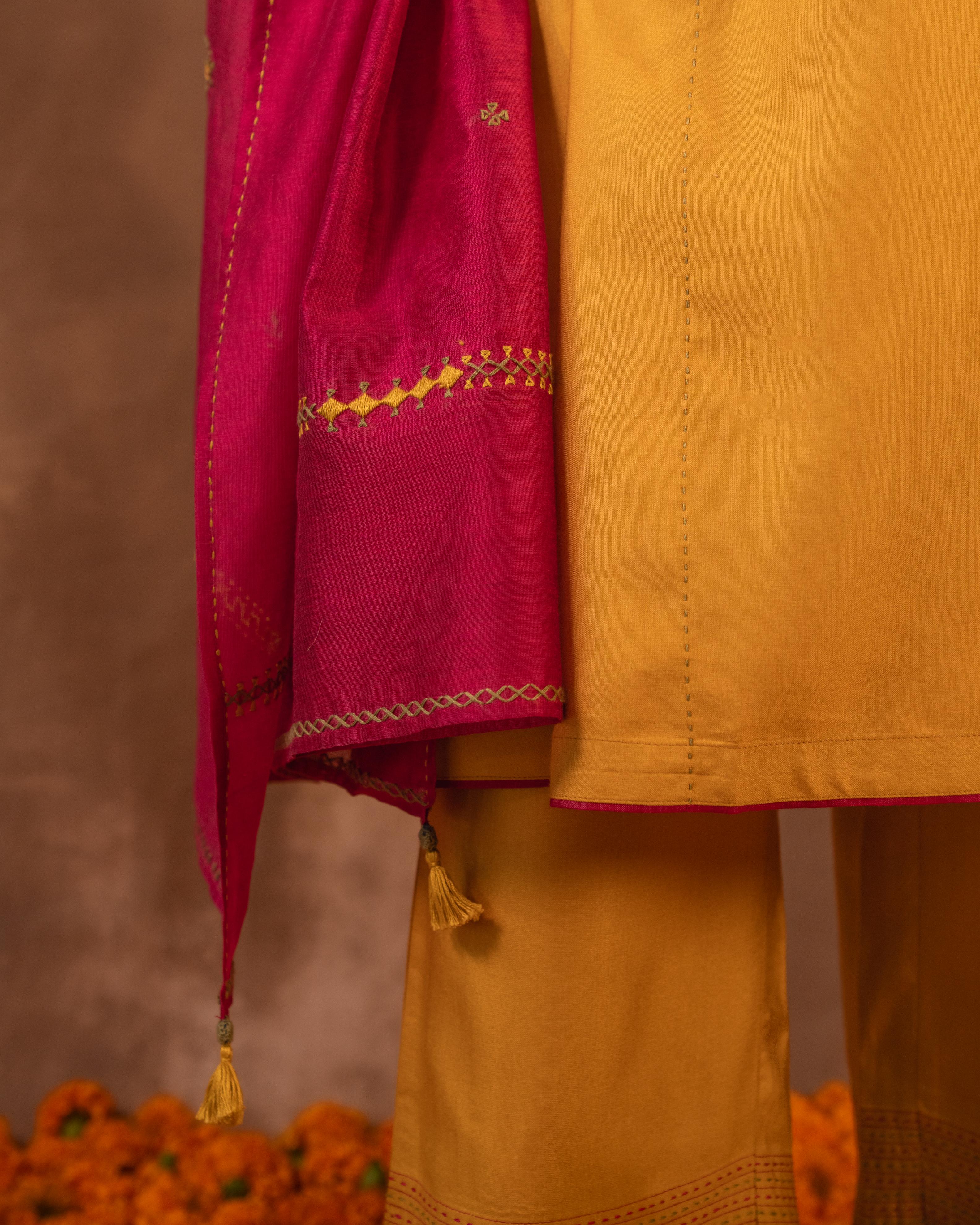 Ruhani Yellow Flared Cotton Silk Kurta With Pakka Hand Embroidery