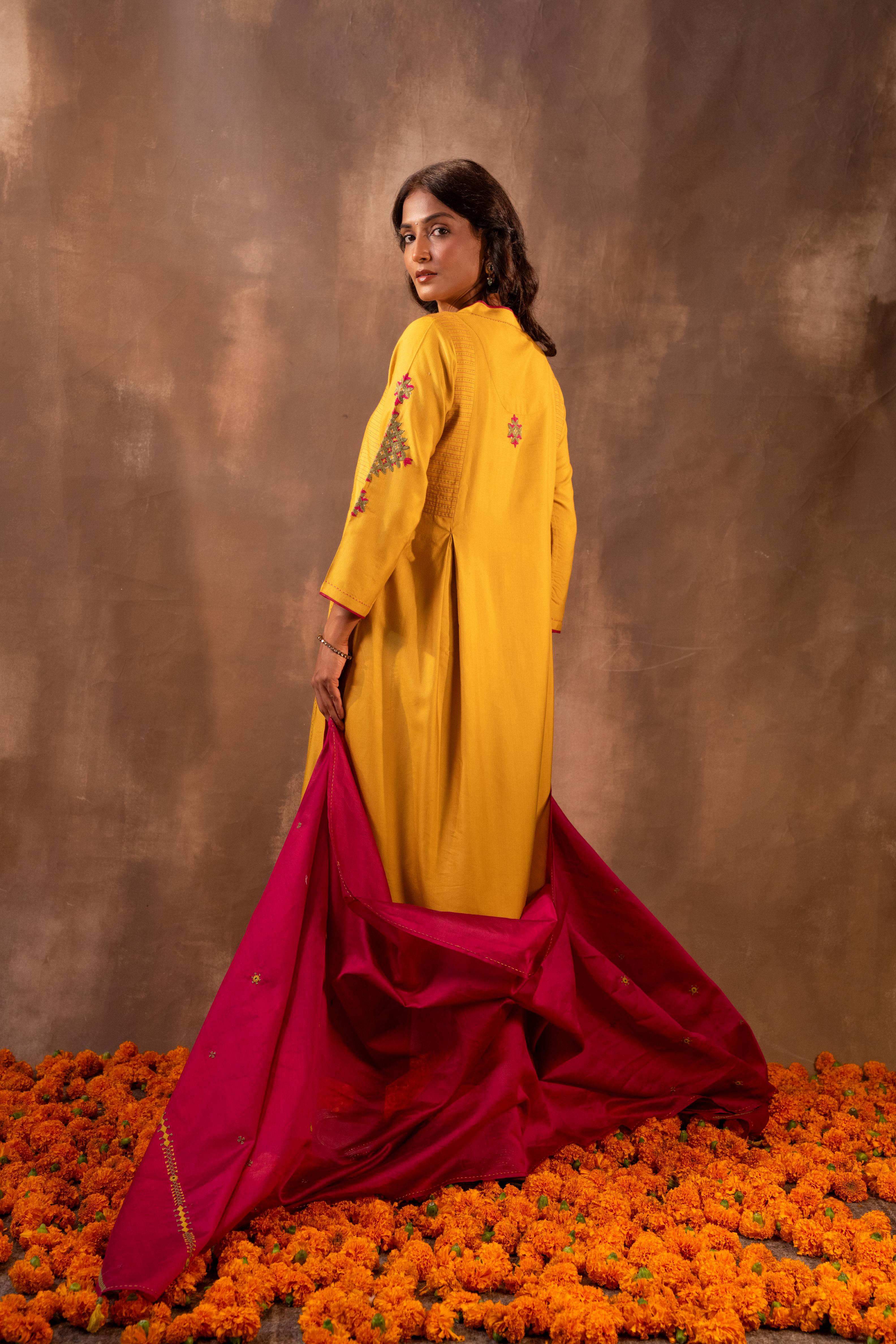 Ruhani Yellow Flared Cotton Silk Kurta With Pakka Hand Embroidery
