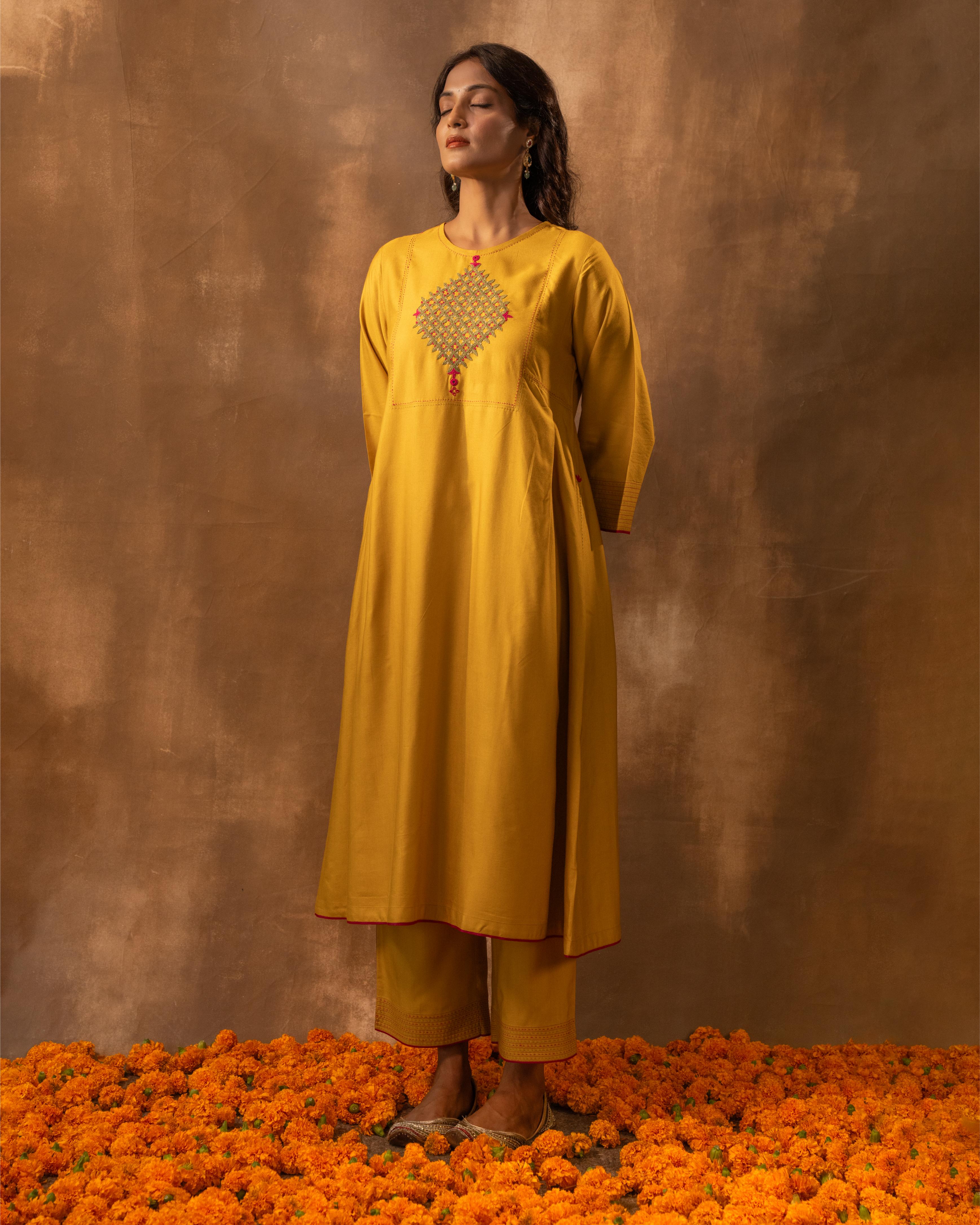 Ruhani Yellow Pleated Cotton Silk Kurta With Pakka Hand Embroidery