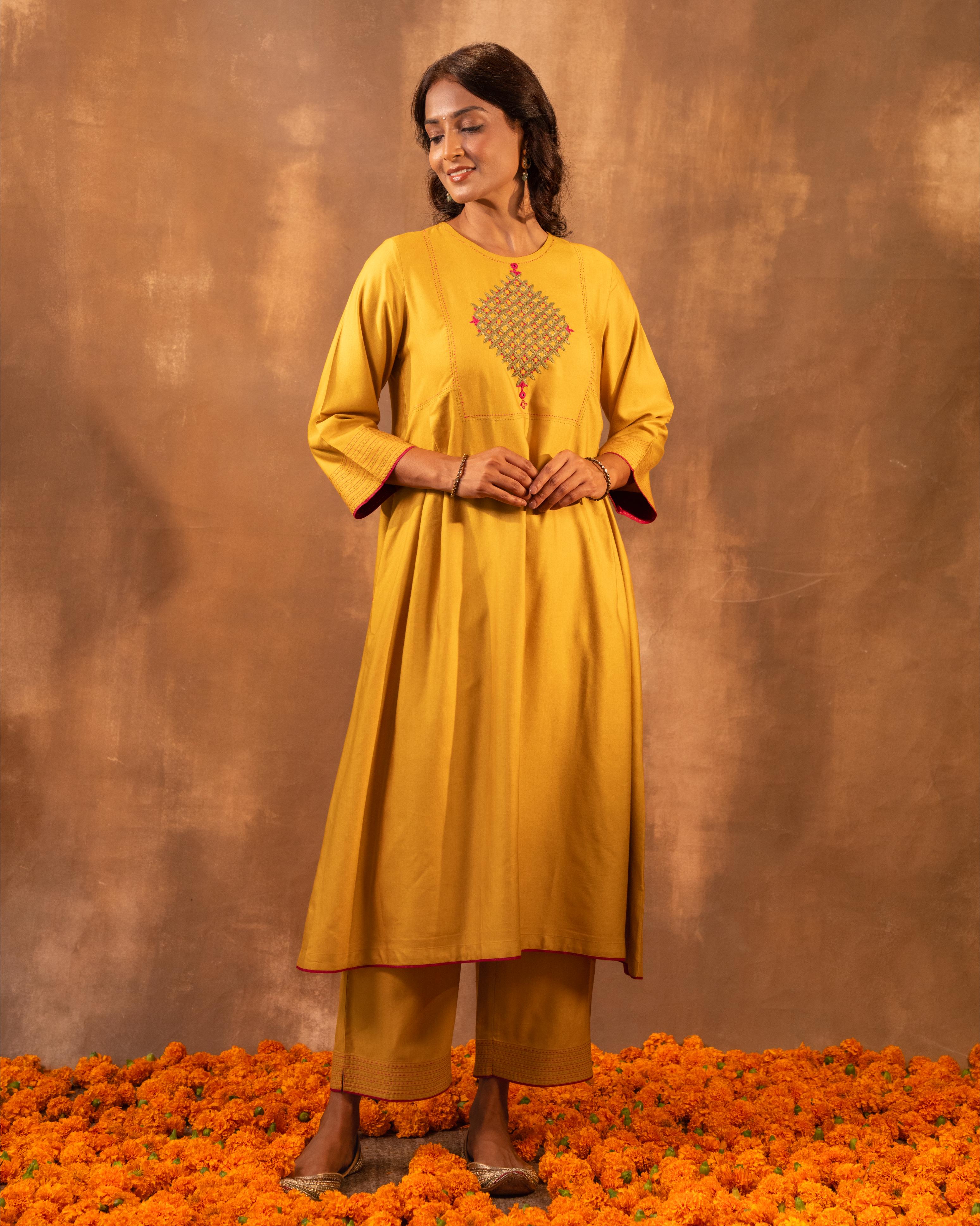Ruhani Yellow Pleated Cotton Silk Kurta With Pakka Hand Embroidery