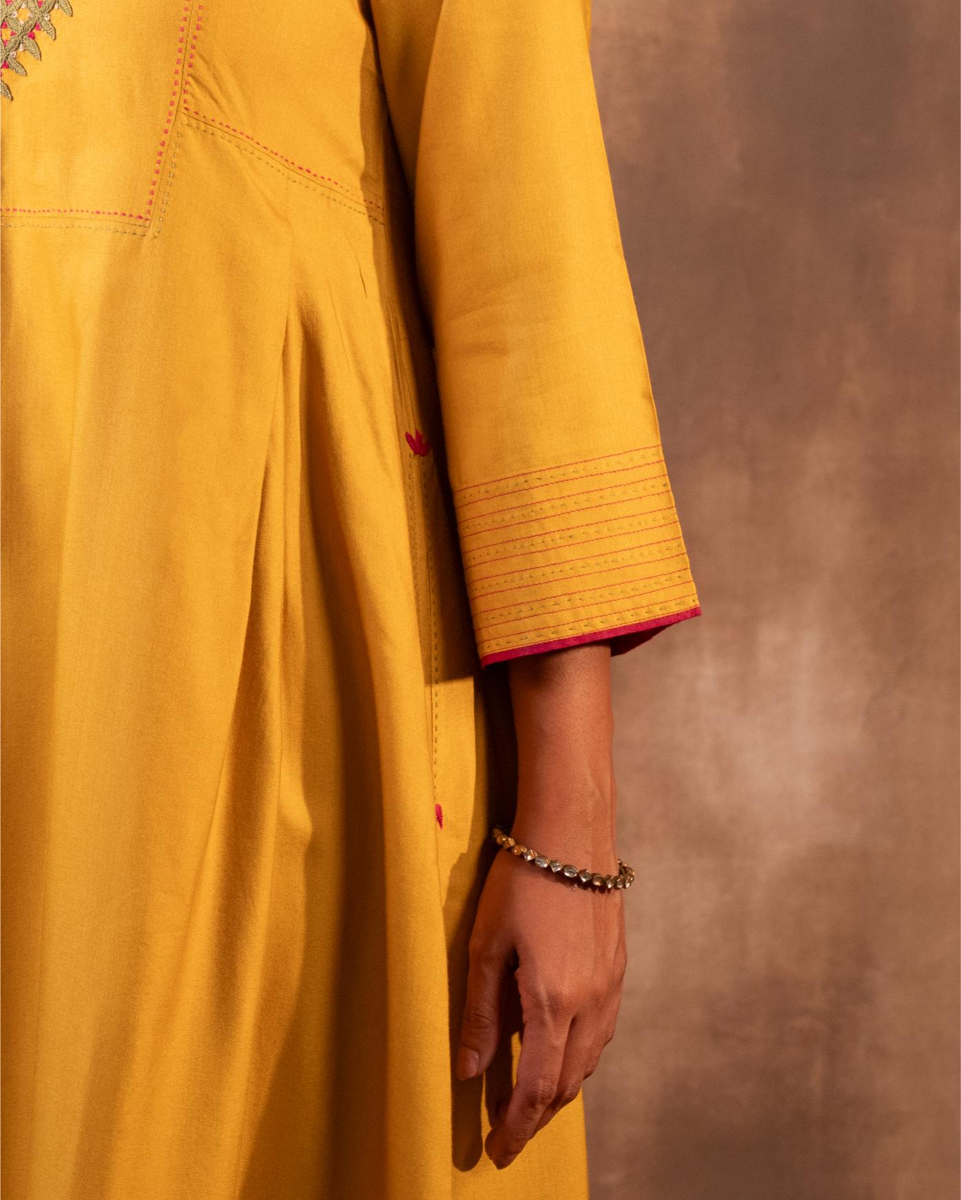 Ruhani Yellow Pleated Cotton Silk Kurta With Pakka Hand Embroidery
