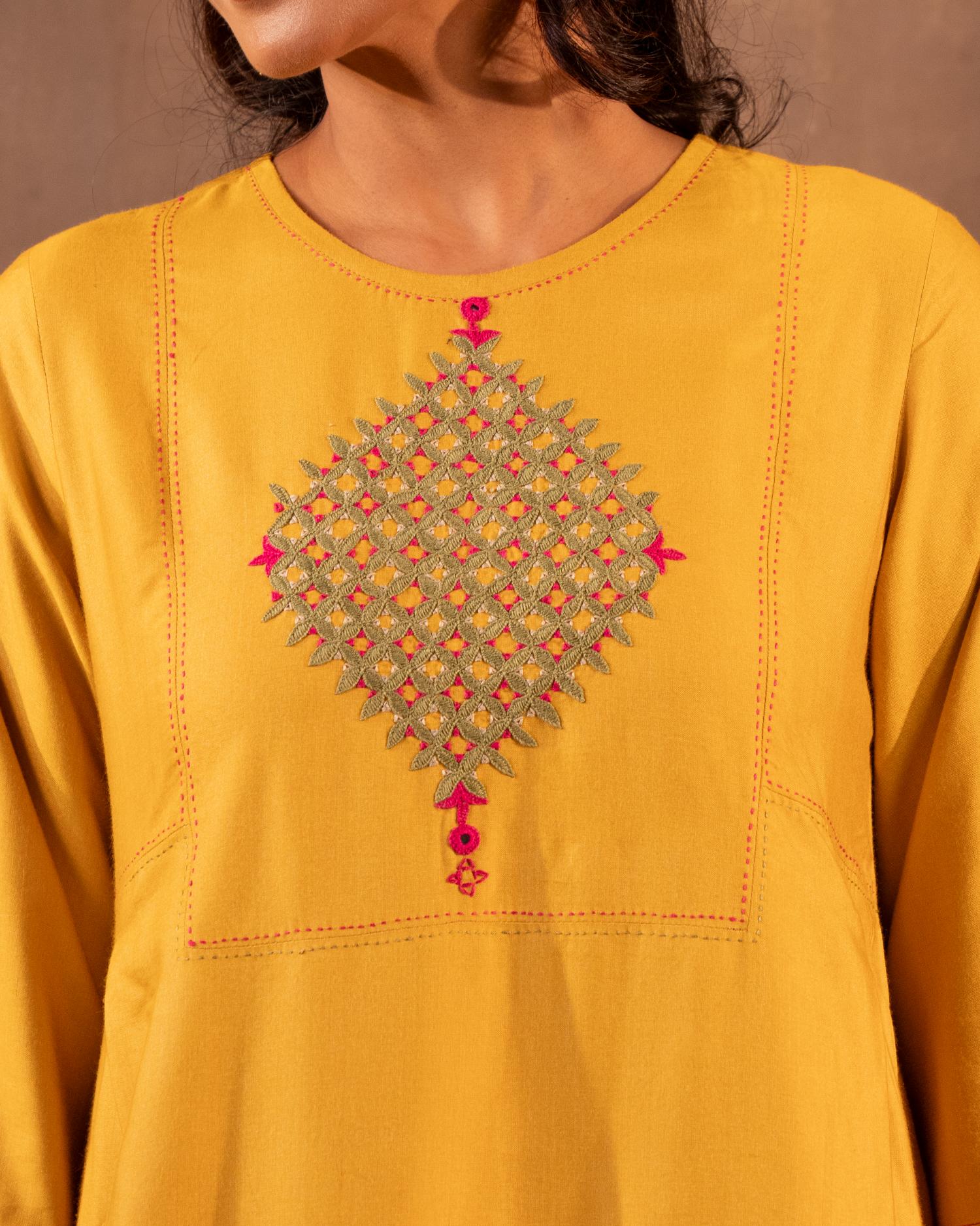 Ruhani Yellow Pleated Cotton Silk Kurta With Pakka Hand Embroidery
