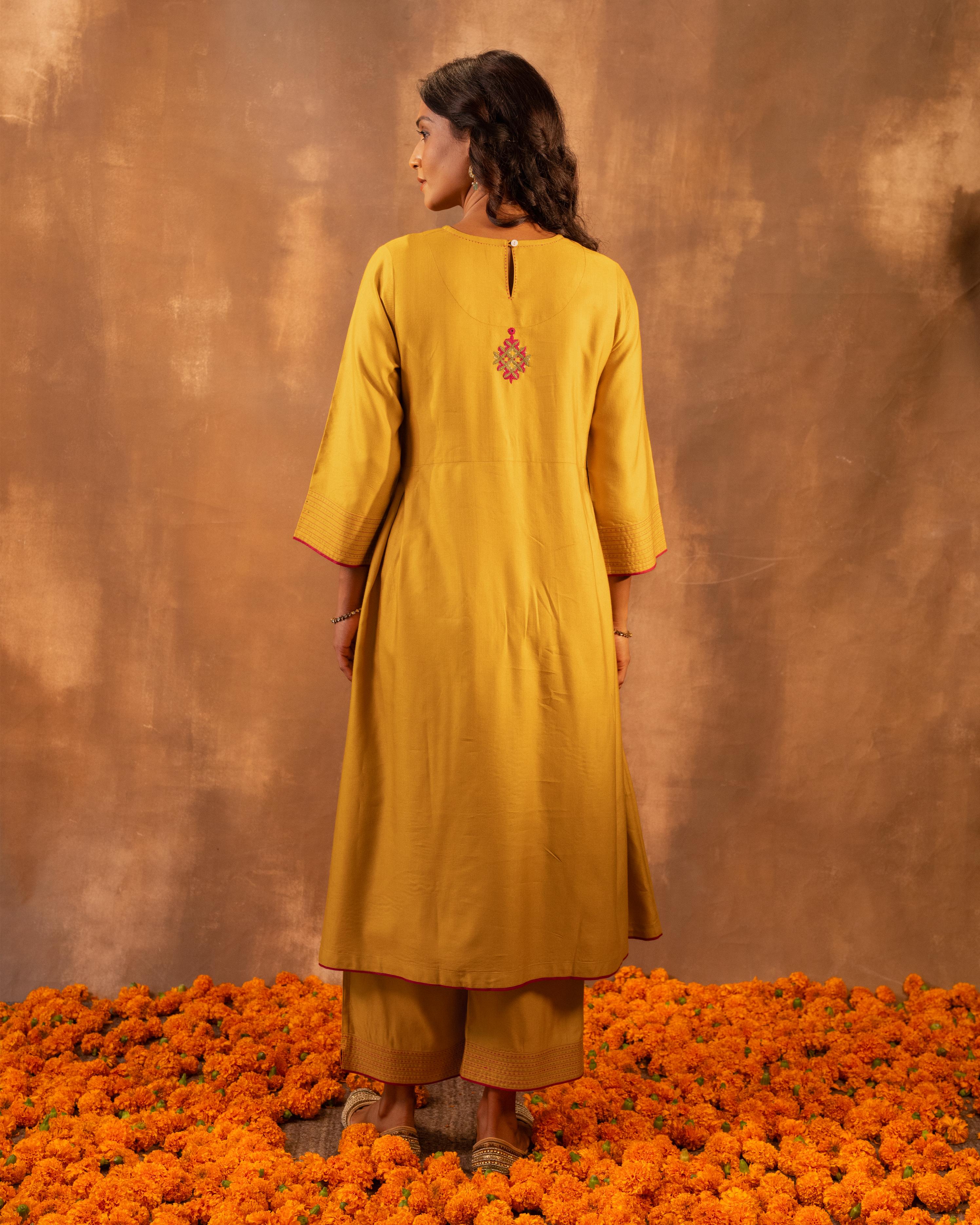 Ruhani Yellow Pleated Cotton Silk Kurta With Pakka Hand Embroidery