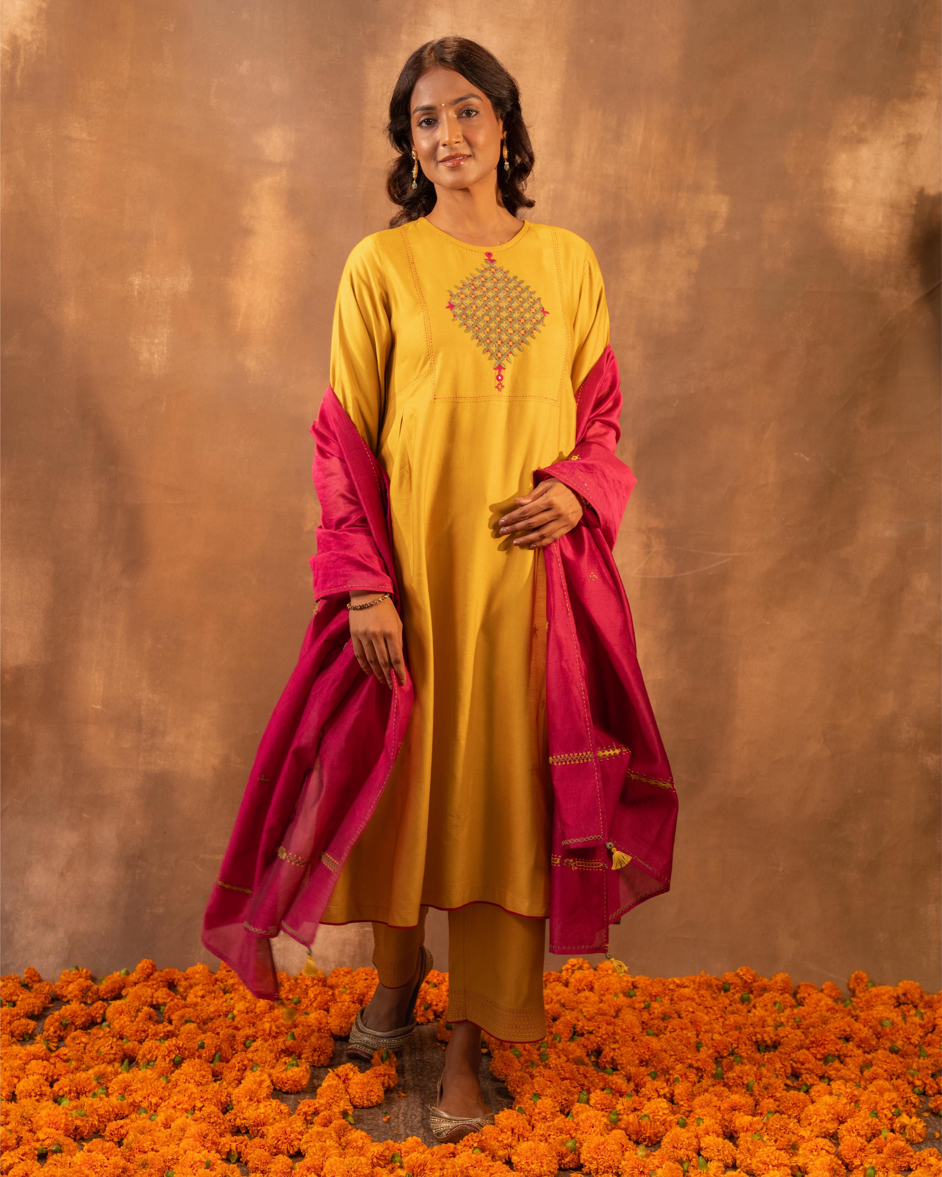 Ruhani Yellow Pleated Cotton Silk Kurta With Pakka Hand Embroidery