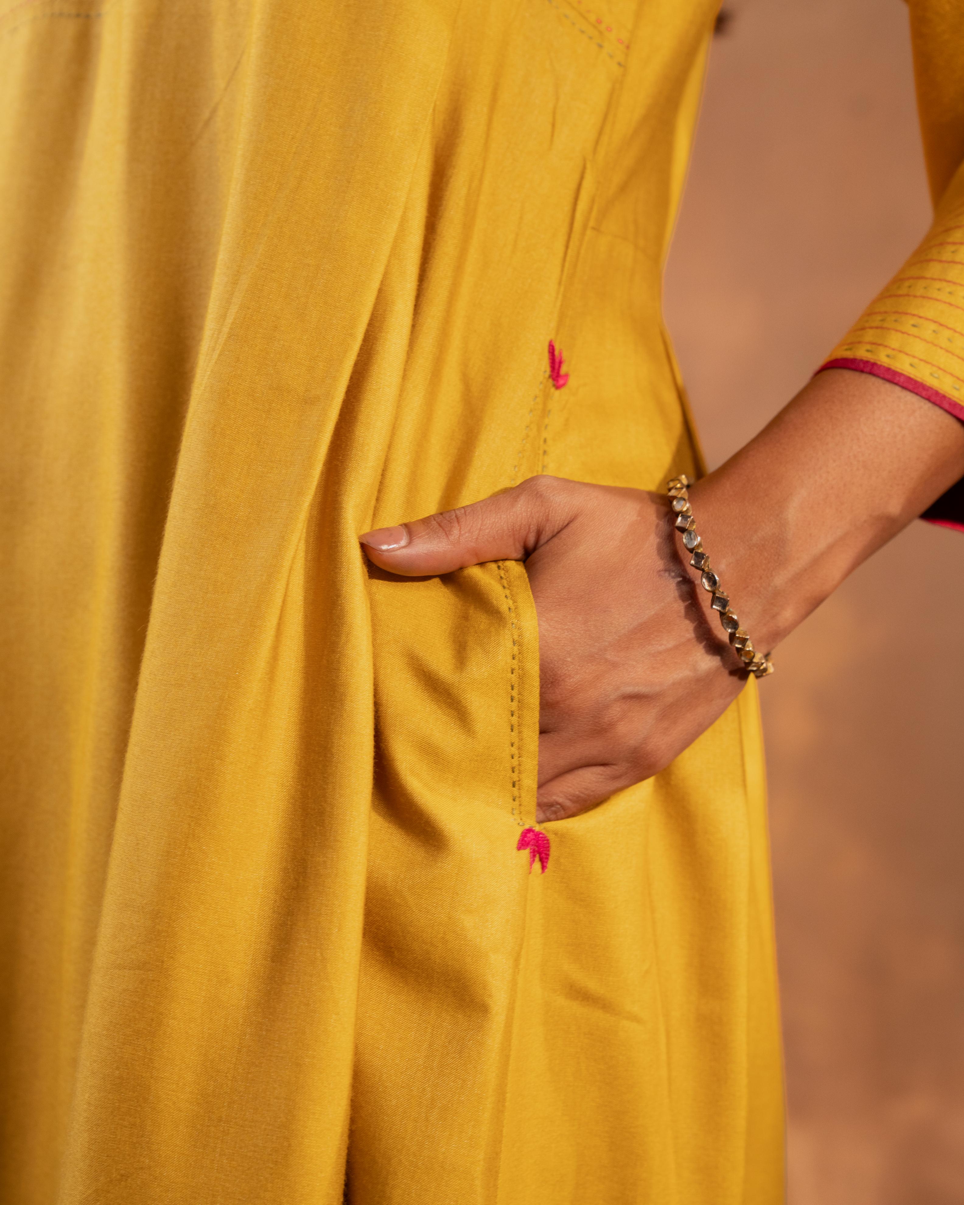 Ruhani Yellow Pleated Cotton Silk Kurta With Pakka Hand Embroidery