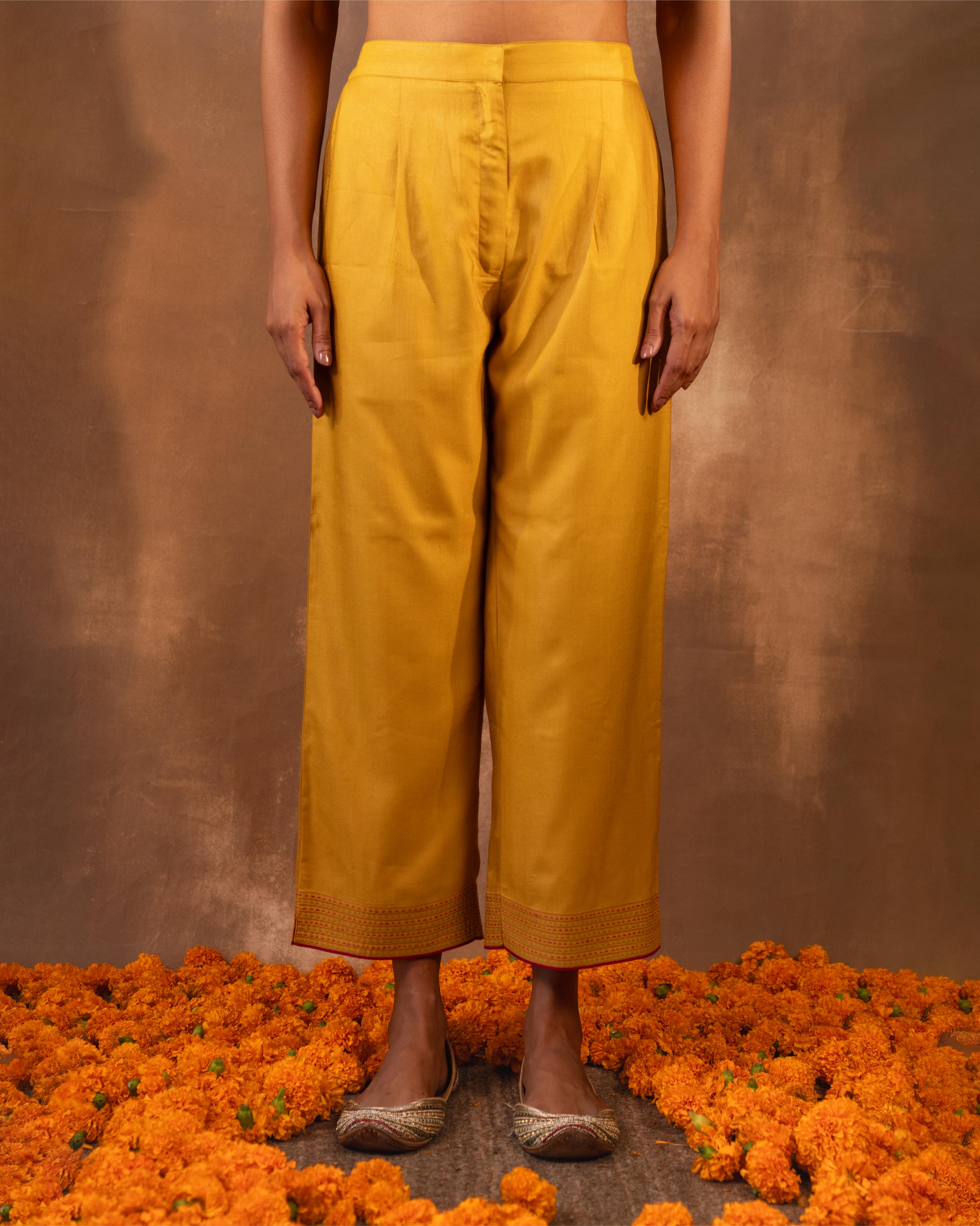 Ruhani Yellow Straight Fit Cotton Silk Pant With Pakka Hand Embroidery