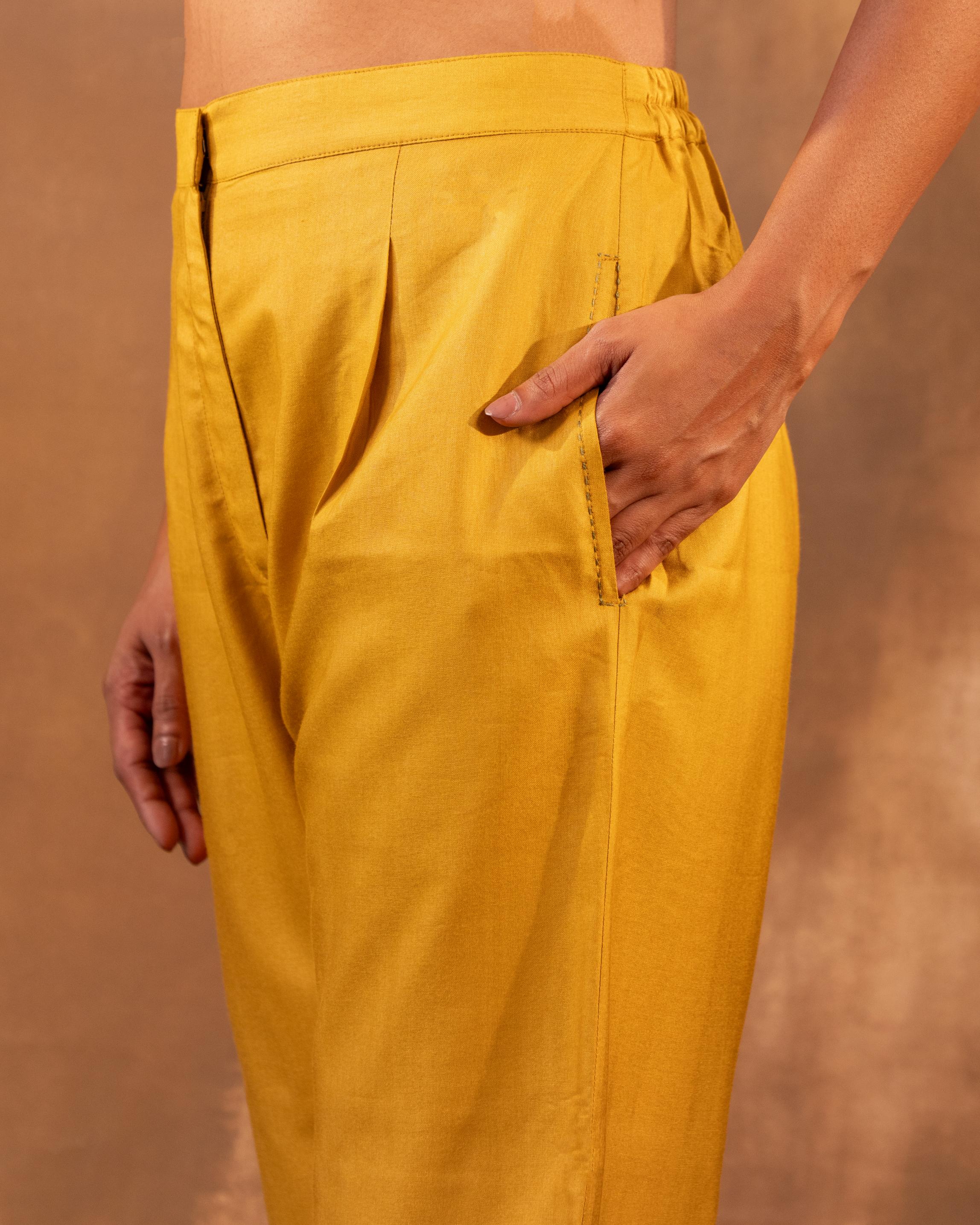 Ruhani Yellow Straight Fit Cotton Silk Pant With Pakka Hand Embroidery