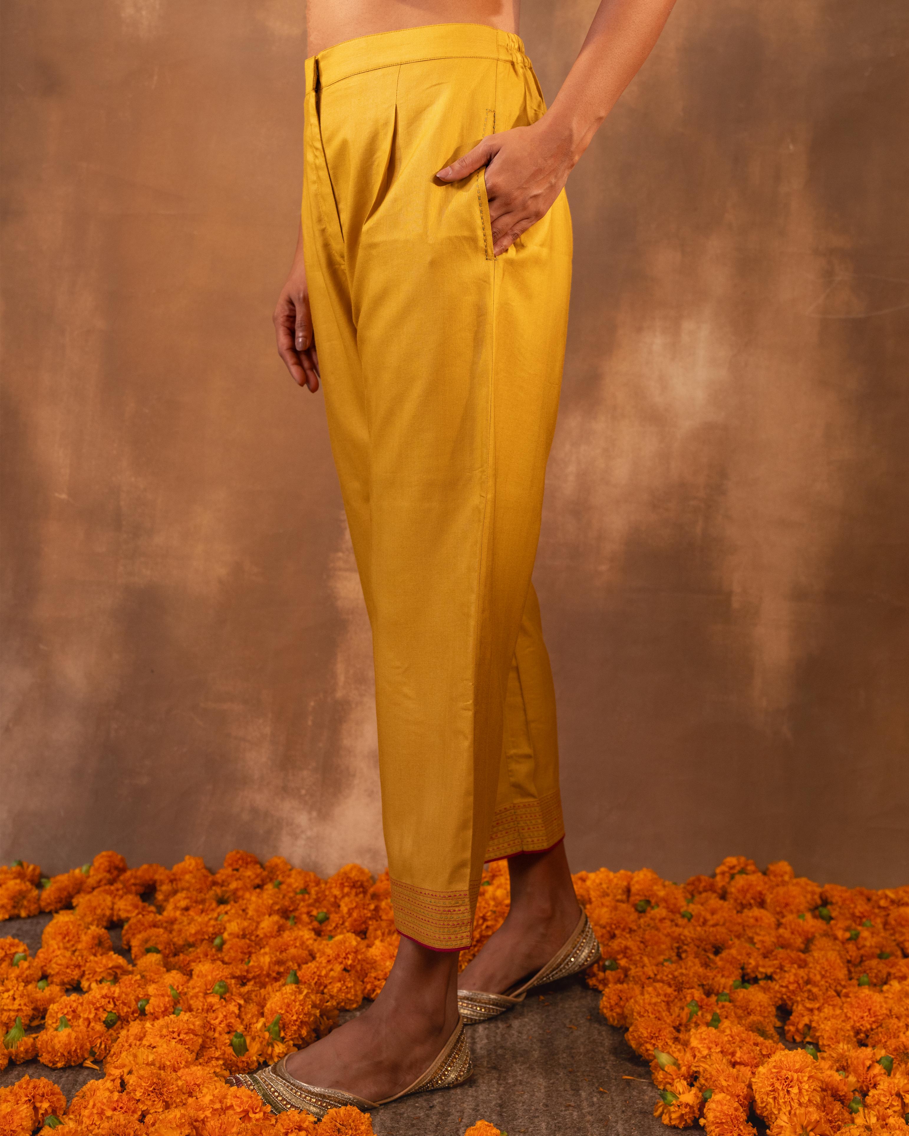 Ruhani Yellow Straight Fit Cotton Silk Pant With Pakka Hand Embroidery