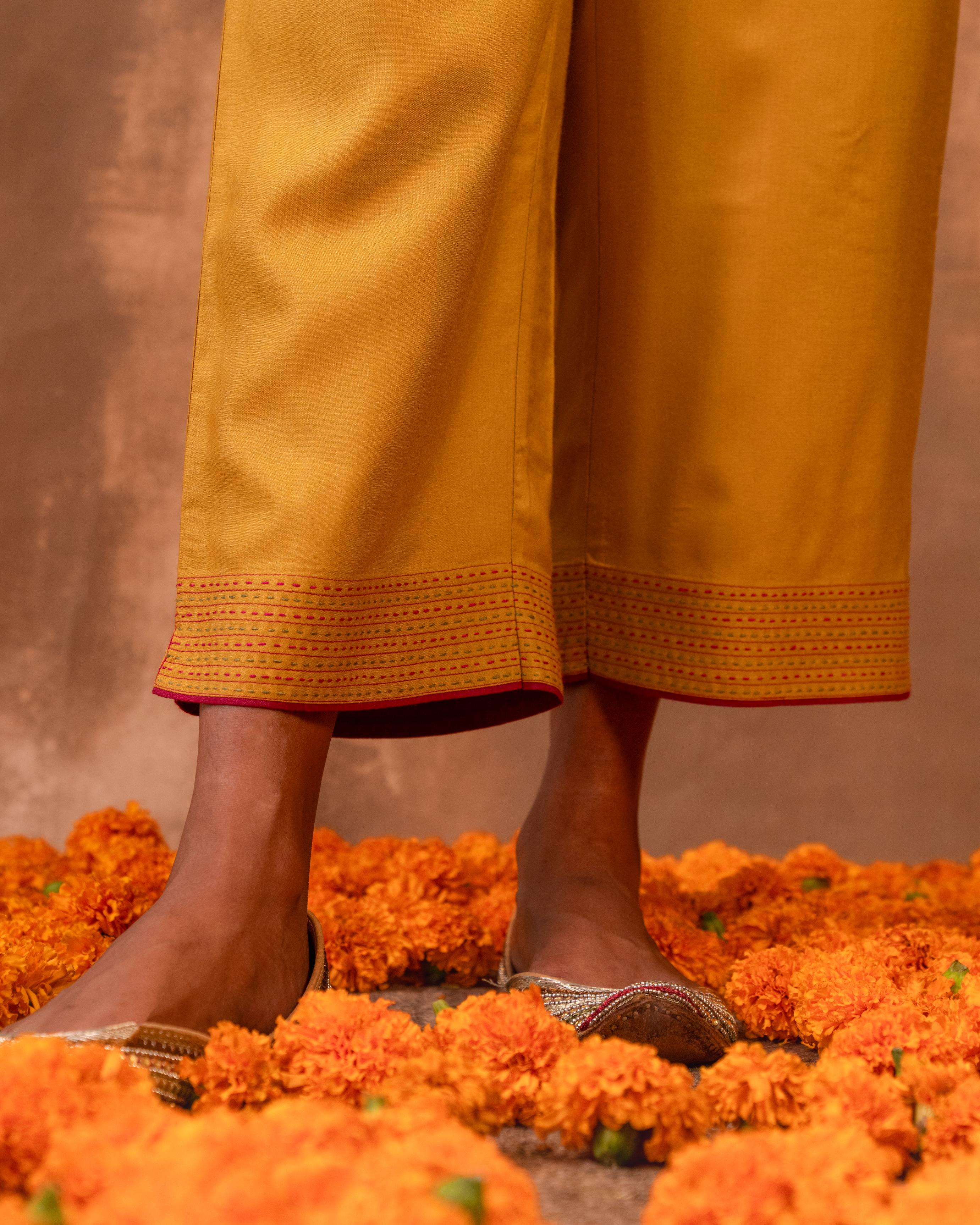 Ruhani Yellow Straight Fit Cotton Silk Pant With Pakka Hand Embroidery