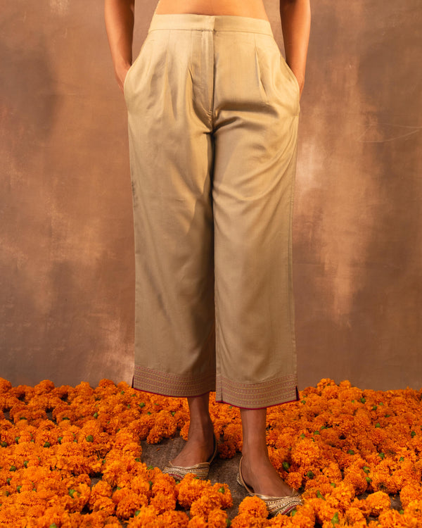 Ruhani Sage Green Straight Fit Cotton Silk Pant With Pakka Hand Embroidery