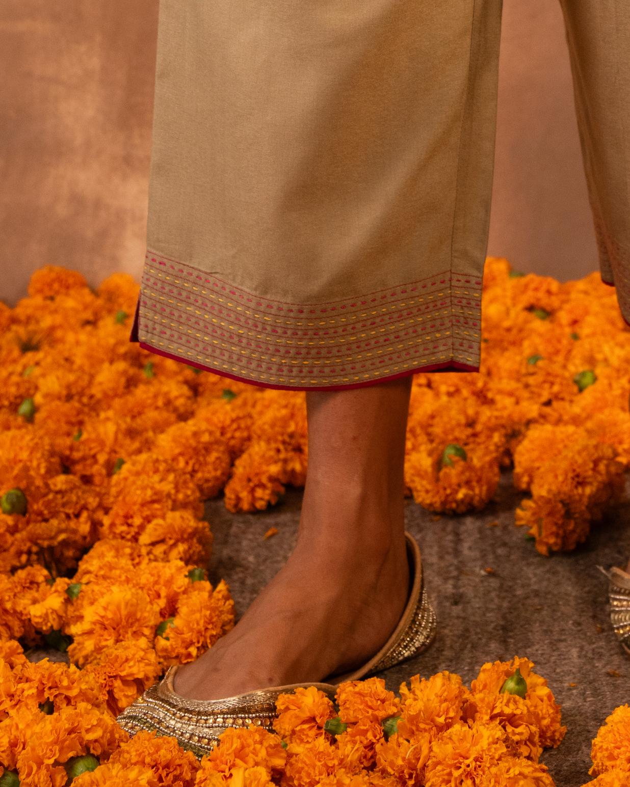 Ruhani Sage Green Straight Fit Cotton Silk Pant With Pakka Hand Embroidery