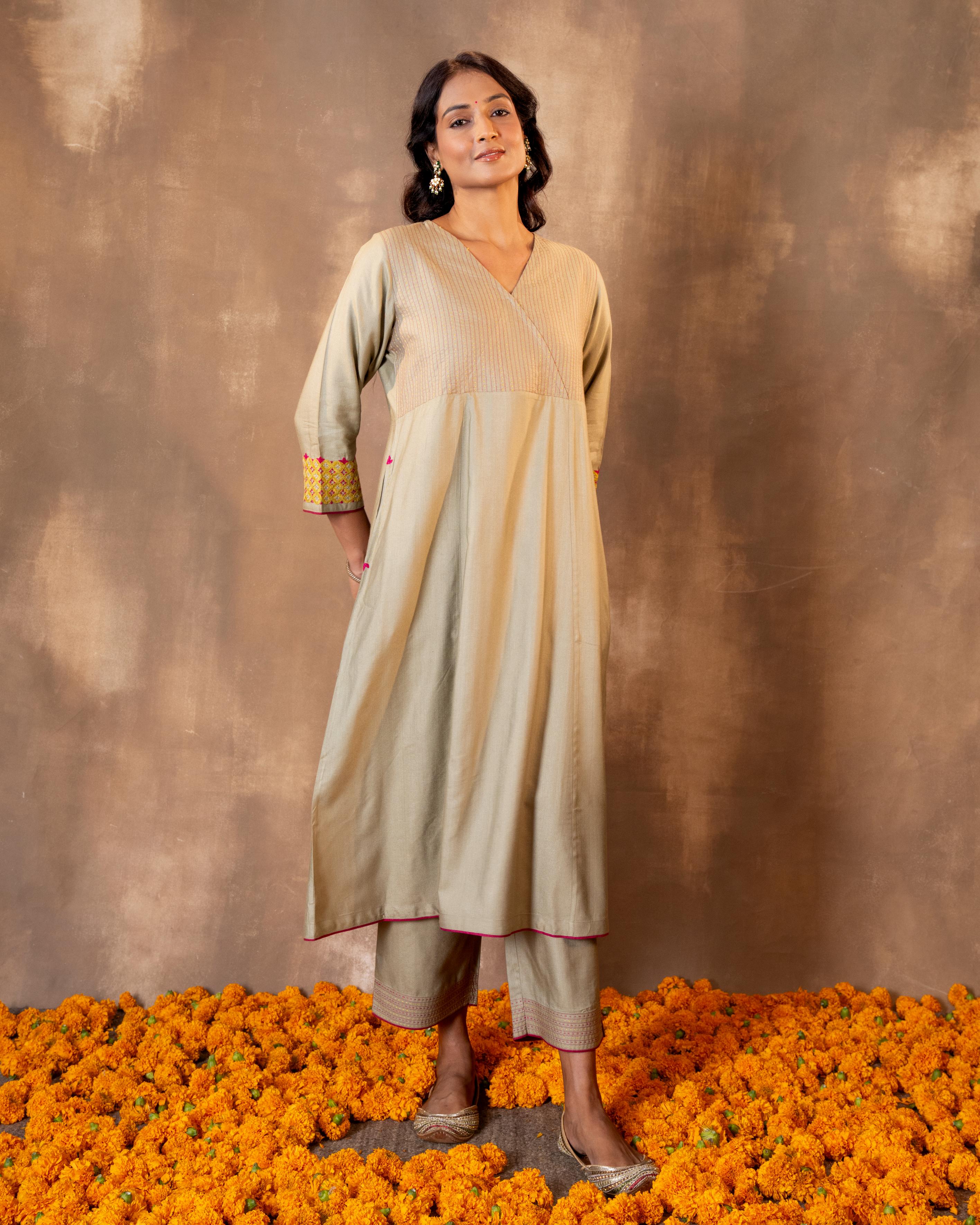 Ruhani Sage Green Flared Cotton Silk Kurta With Pakka Hand Embroidery