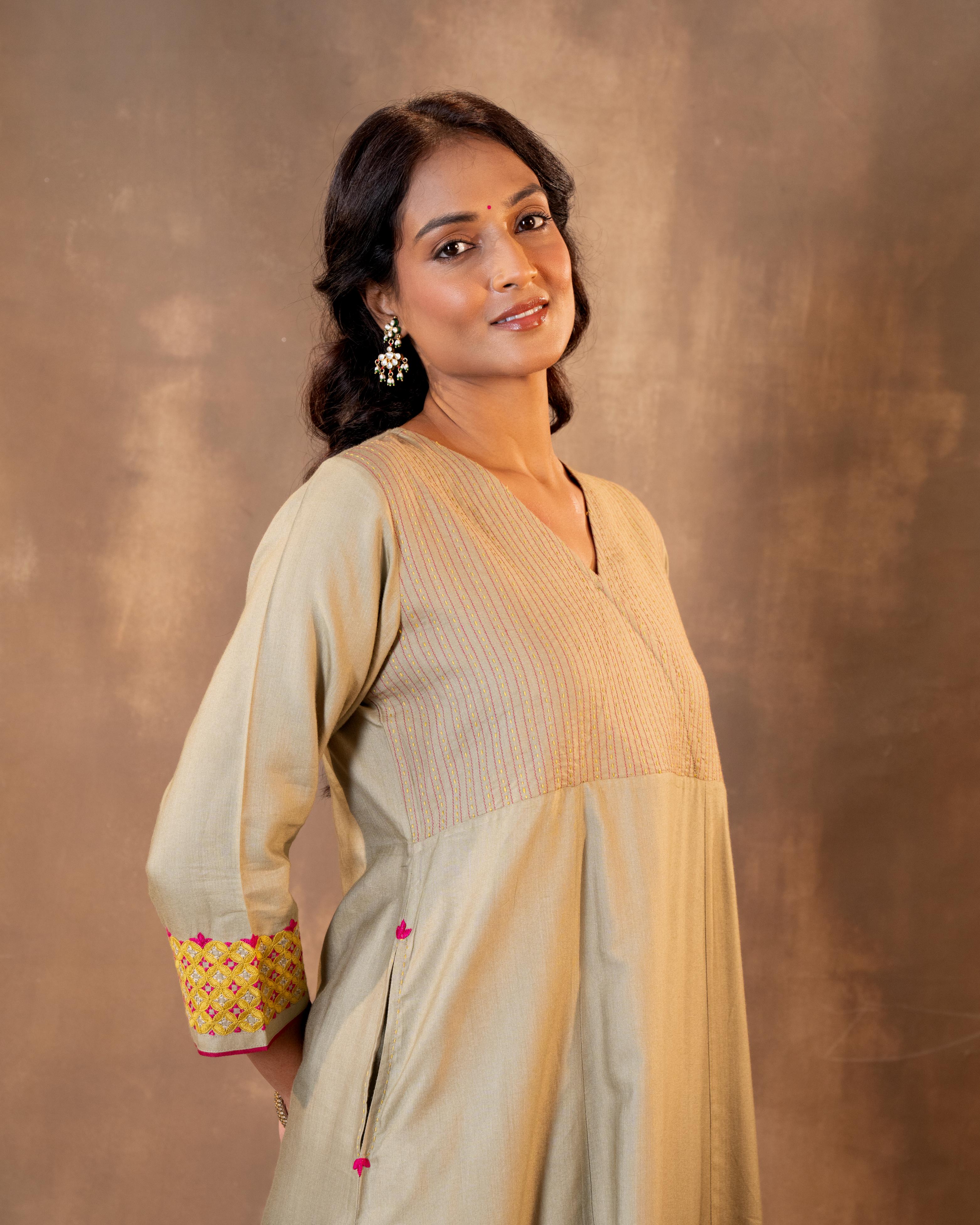 Ruhani Sage Green Flared Cotton Silk Kurta With Pakka Hand Embroidery