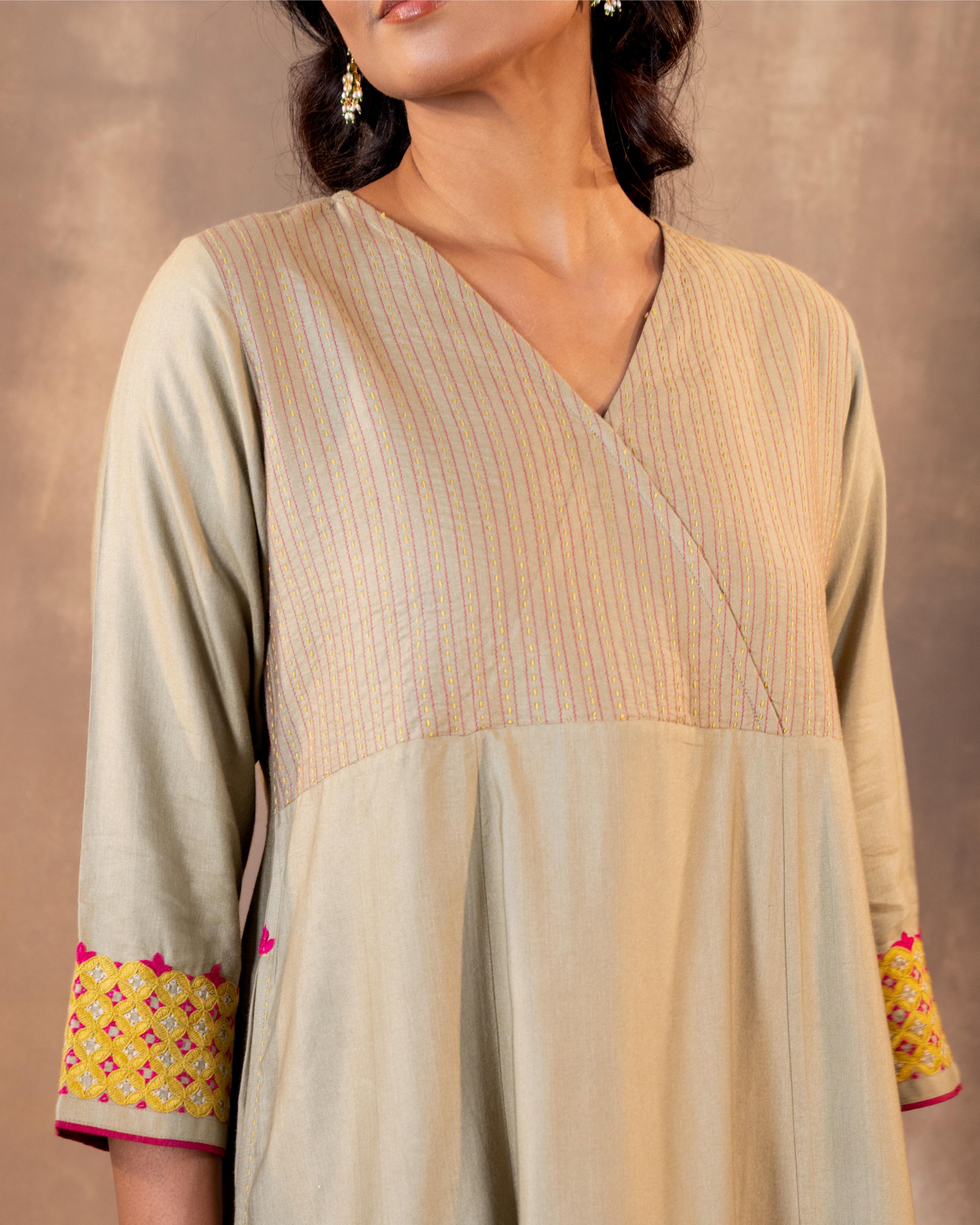 Ruhani Sage Green Flared Cotton Silk Kurta With Pakka Hand Embroidery