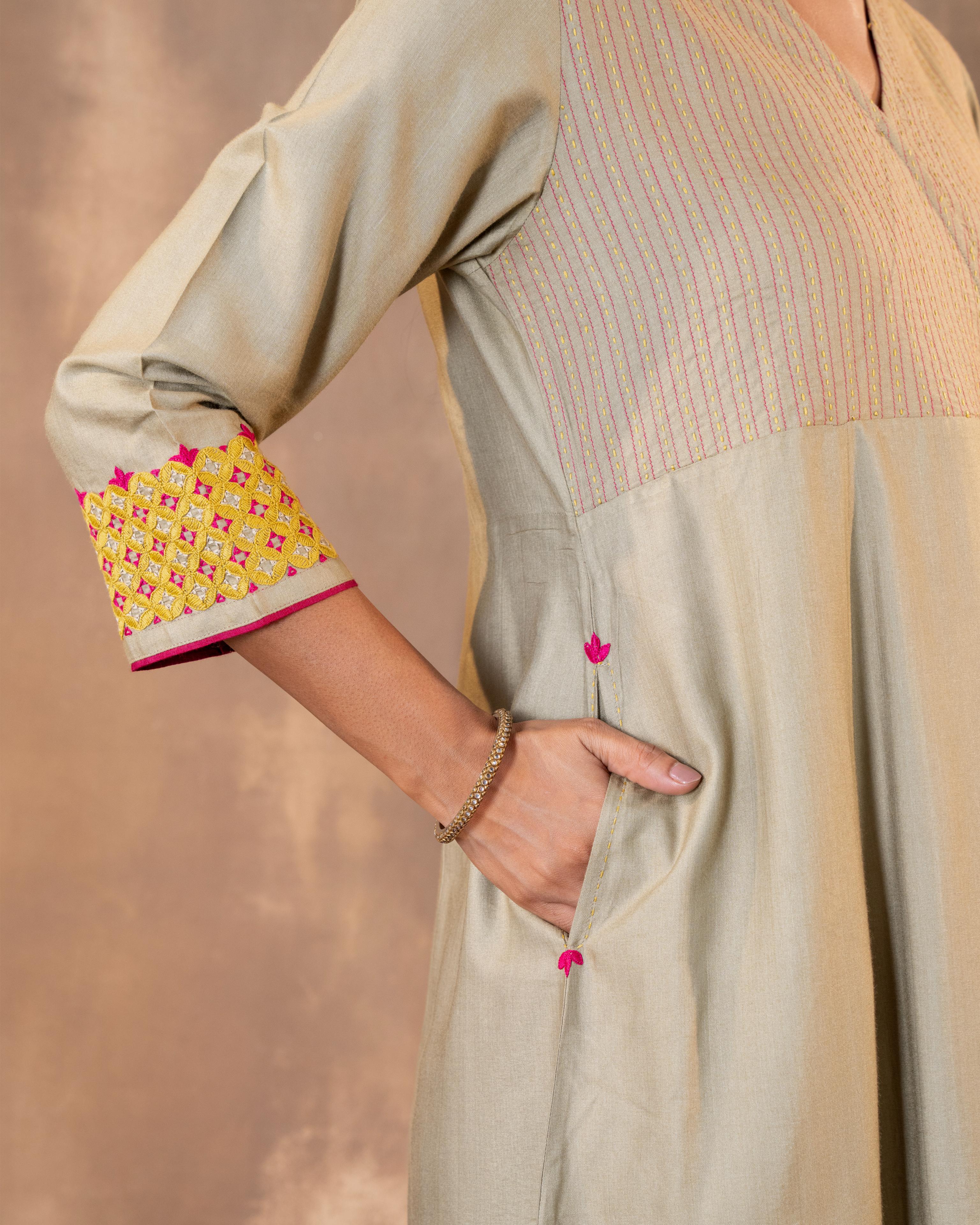 Ruhani Sage Green Flared Cotton Silk Kurta With Pakka Hand Embroidery