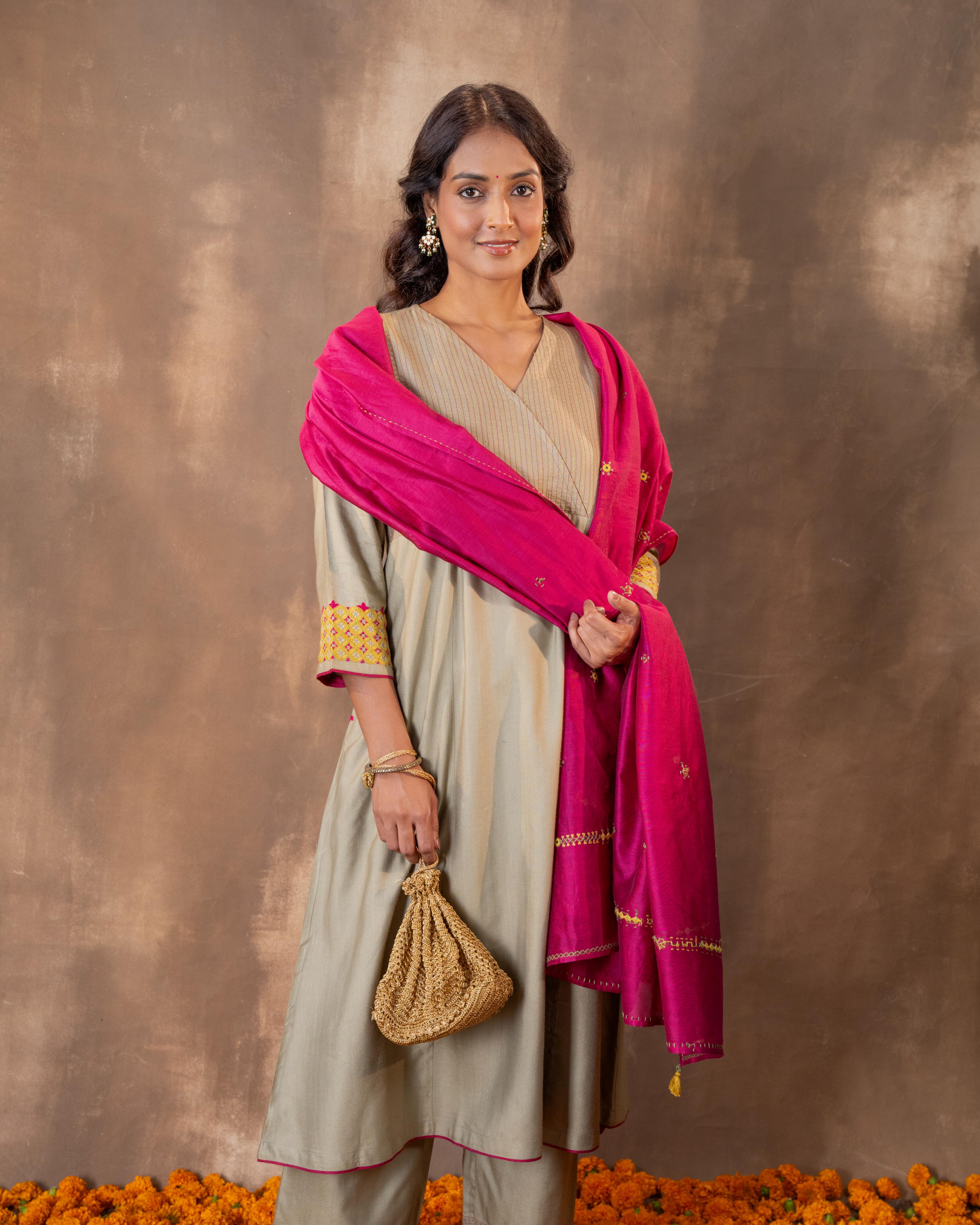 Ruhani Sage Green Flared Cotton Silk Kurta With Pakka Hand Embroidery