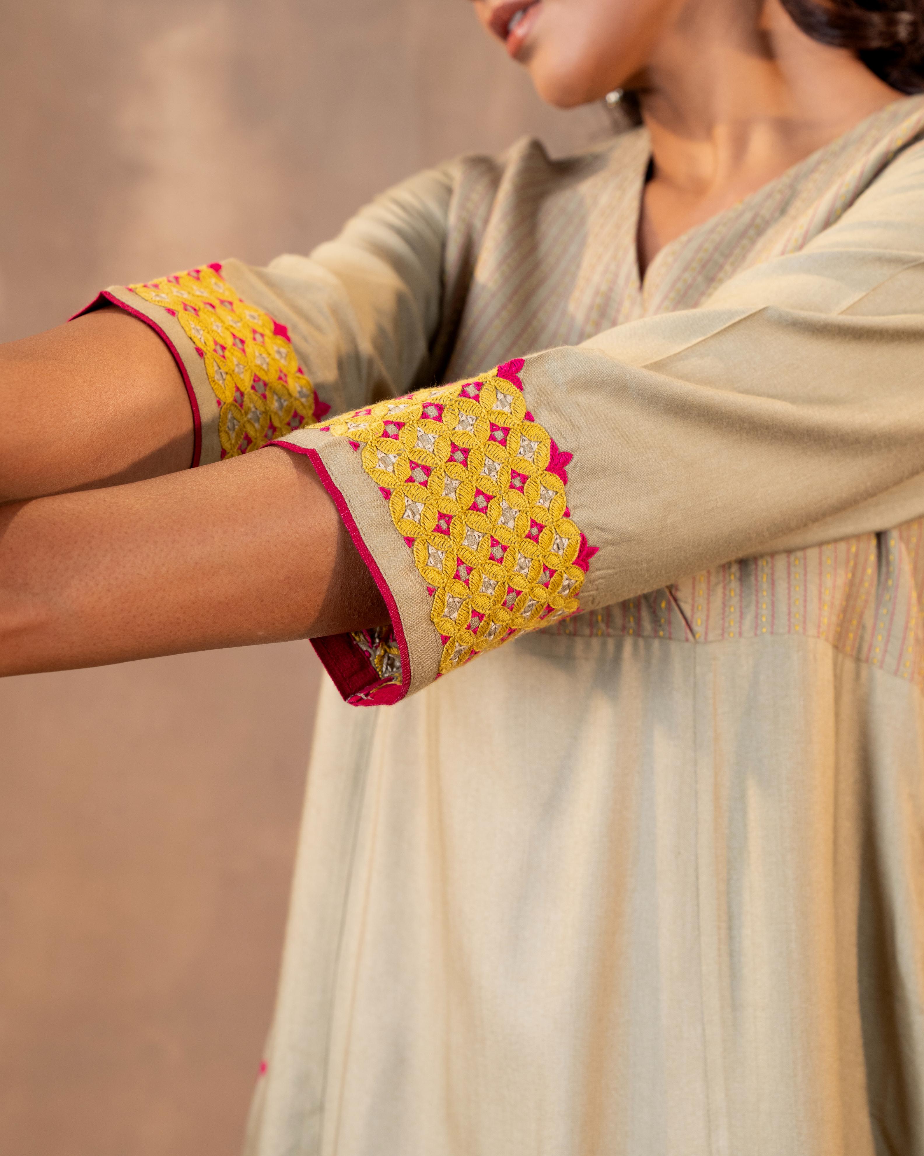 Ruhani Sage Green Flared Cotton Silk Kurta With Pakka Hand Embroidery