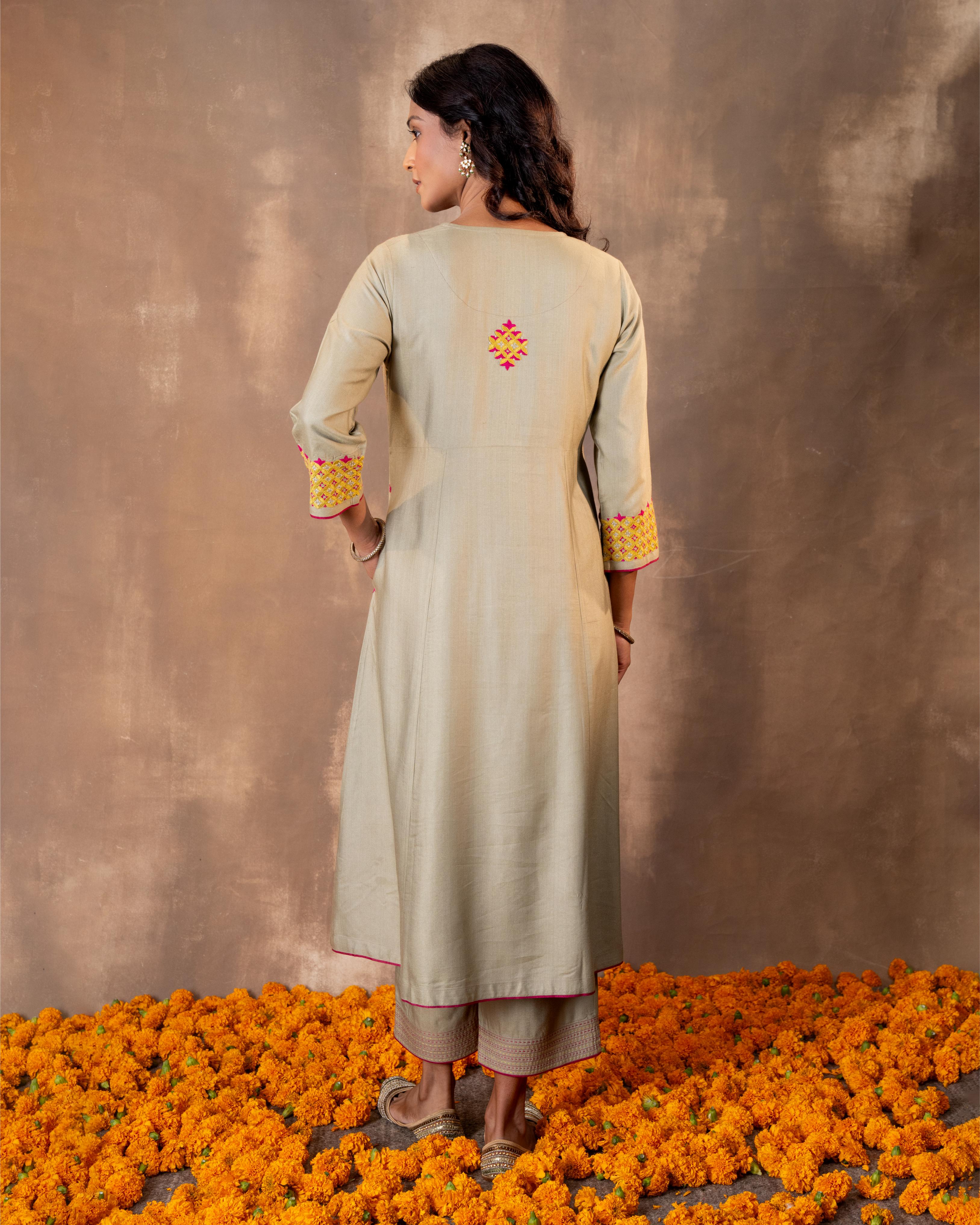 Ruhani Sage Green Flared Cotton Silk Kurta With Pakka Hand Embroidery