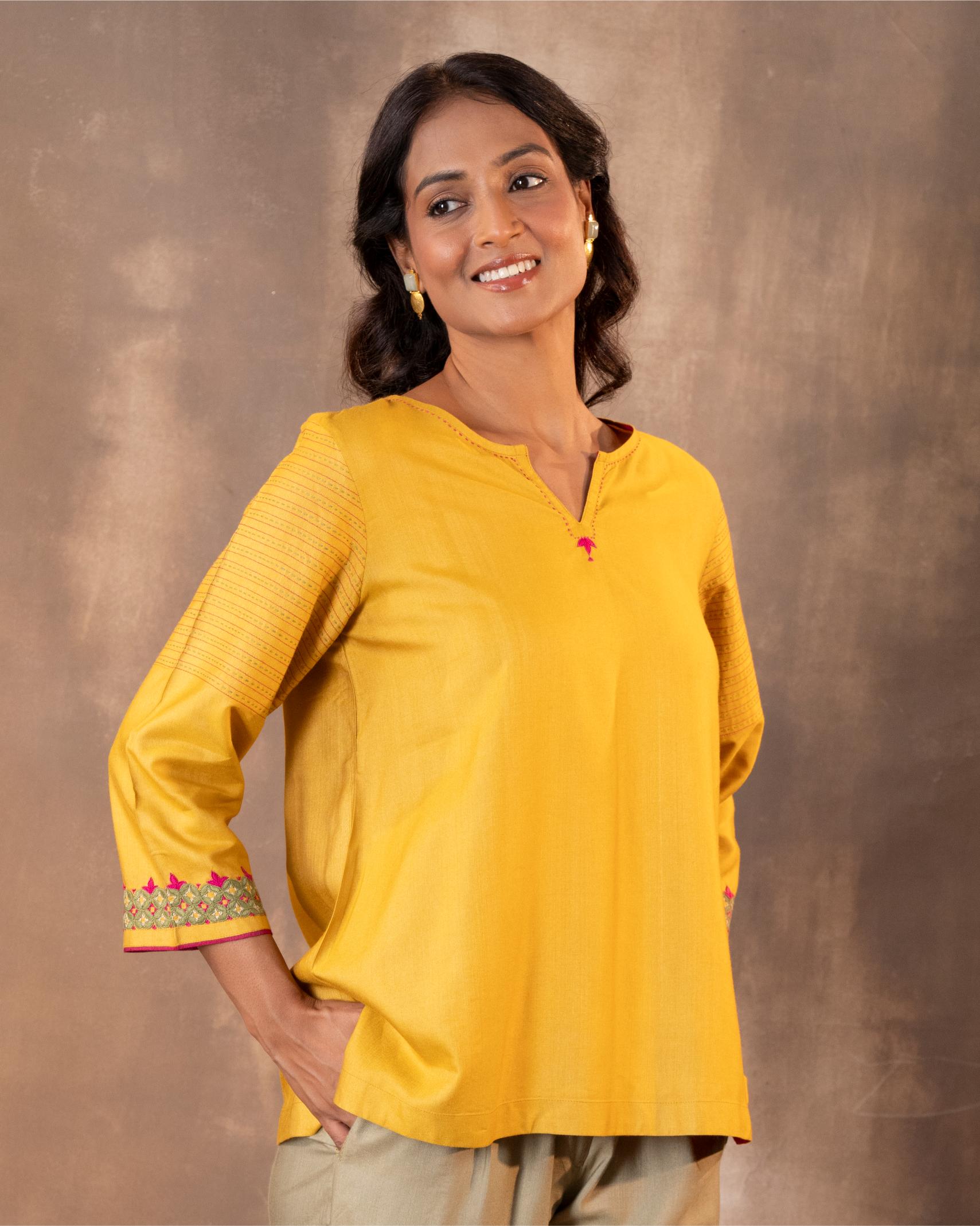 Ruhani Yellow Regular Fit Cotton Silk Top With Pakka Hand Embroidery