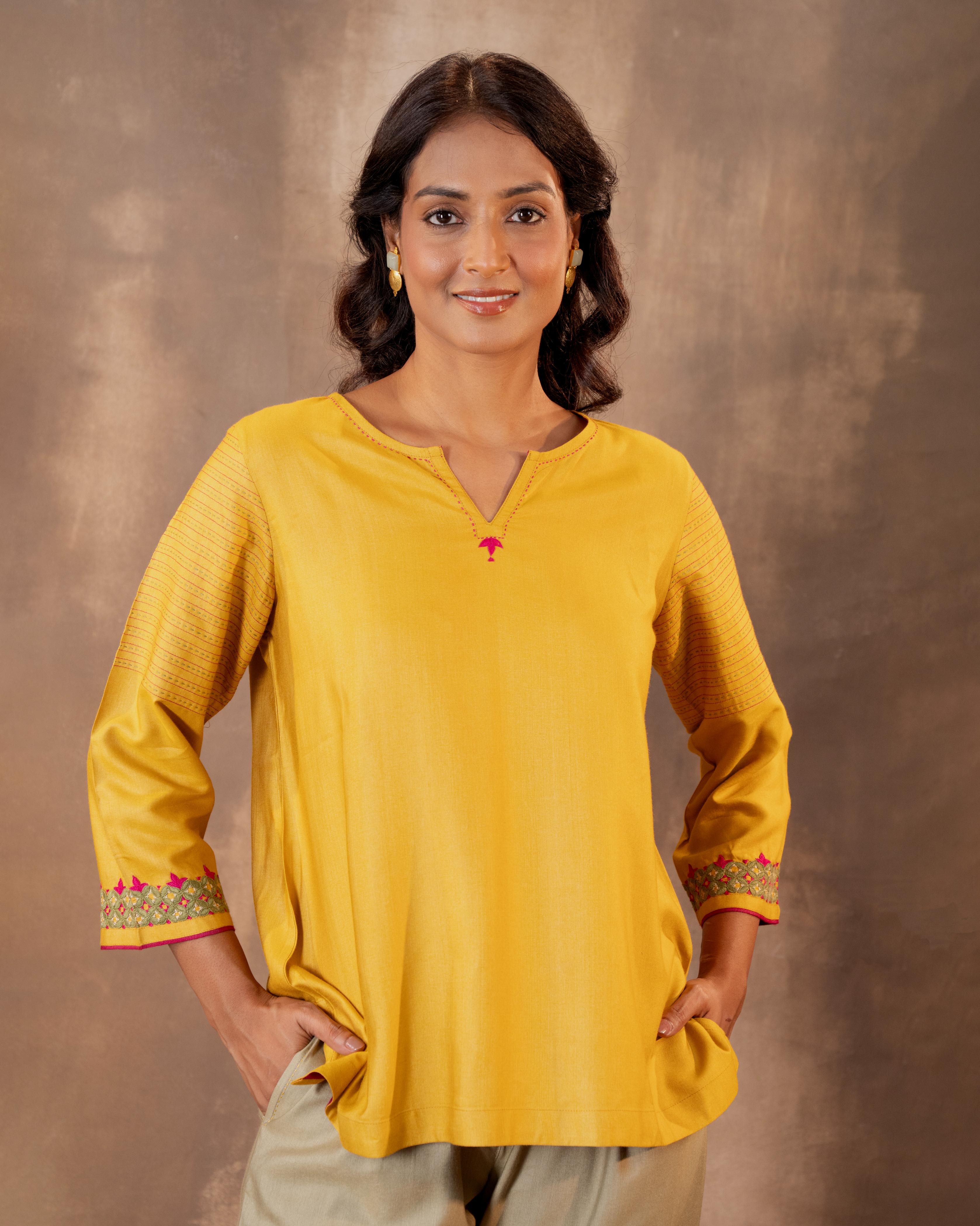 Ruhani Yellow Regular Fit Cotton Silk Top With Pakka Hand Embroidery