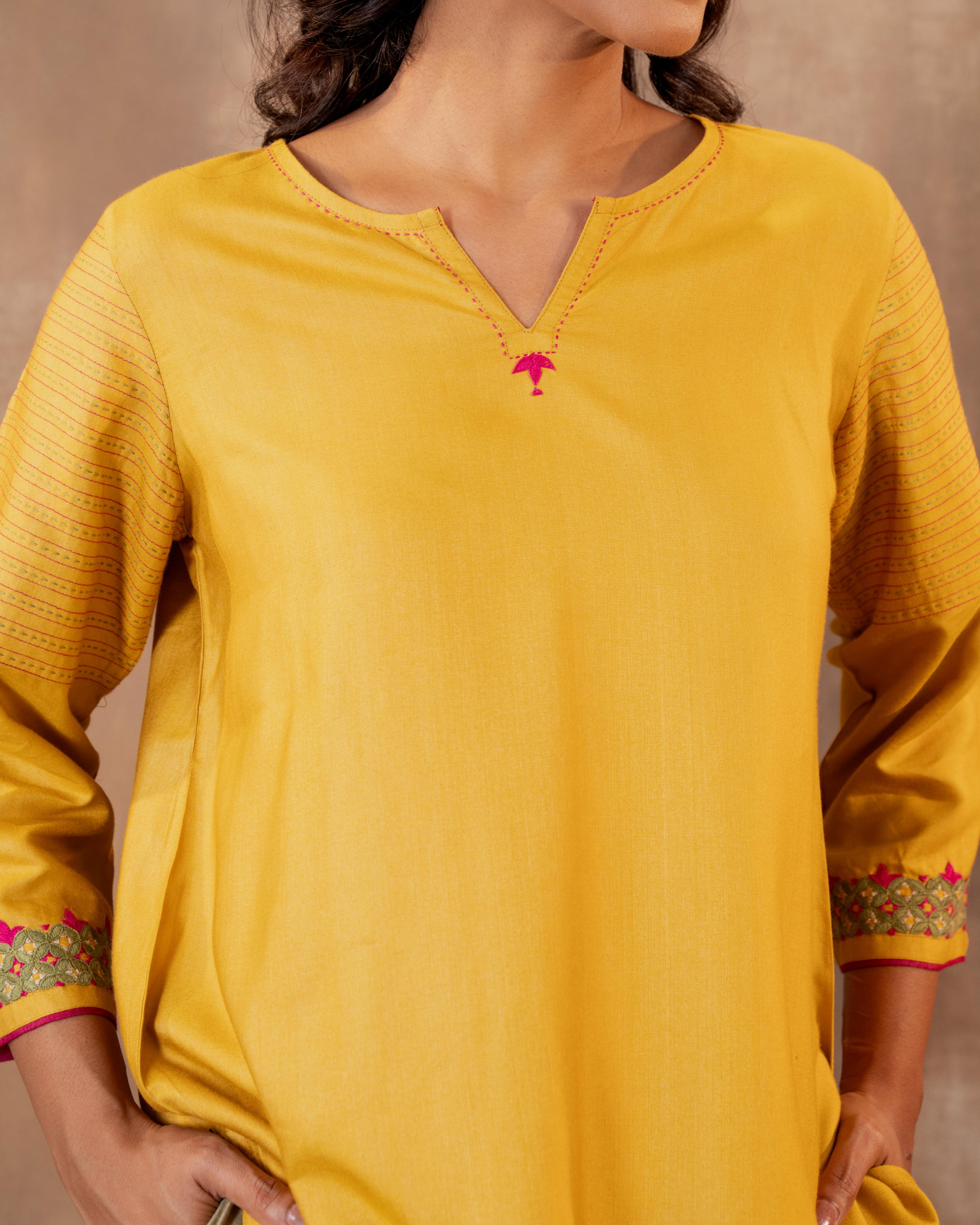 Ruhani Yellow Regular Fit Cotton Silk Top With Pakka Hand Embroidery