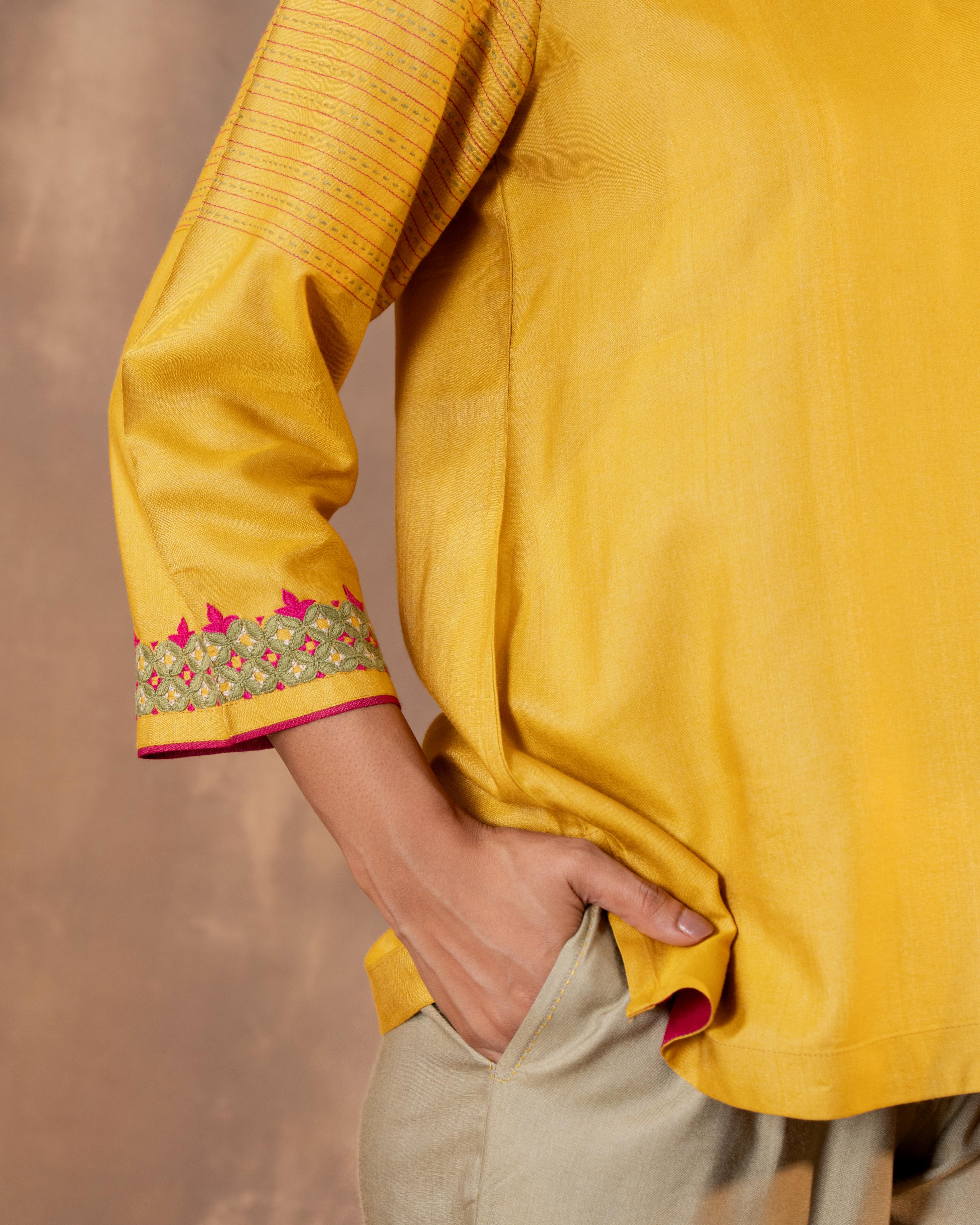 Ruhani Yellow Regular Fit Cotton Silk Top With Pakka Hand Embroidery
