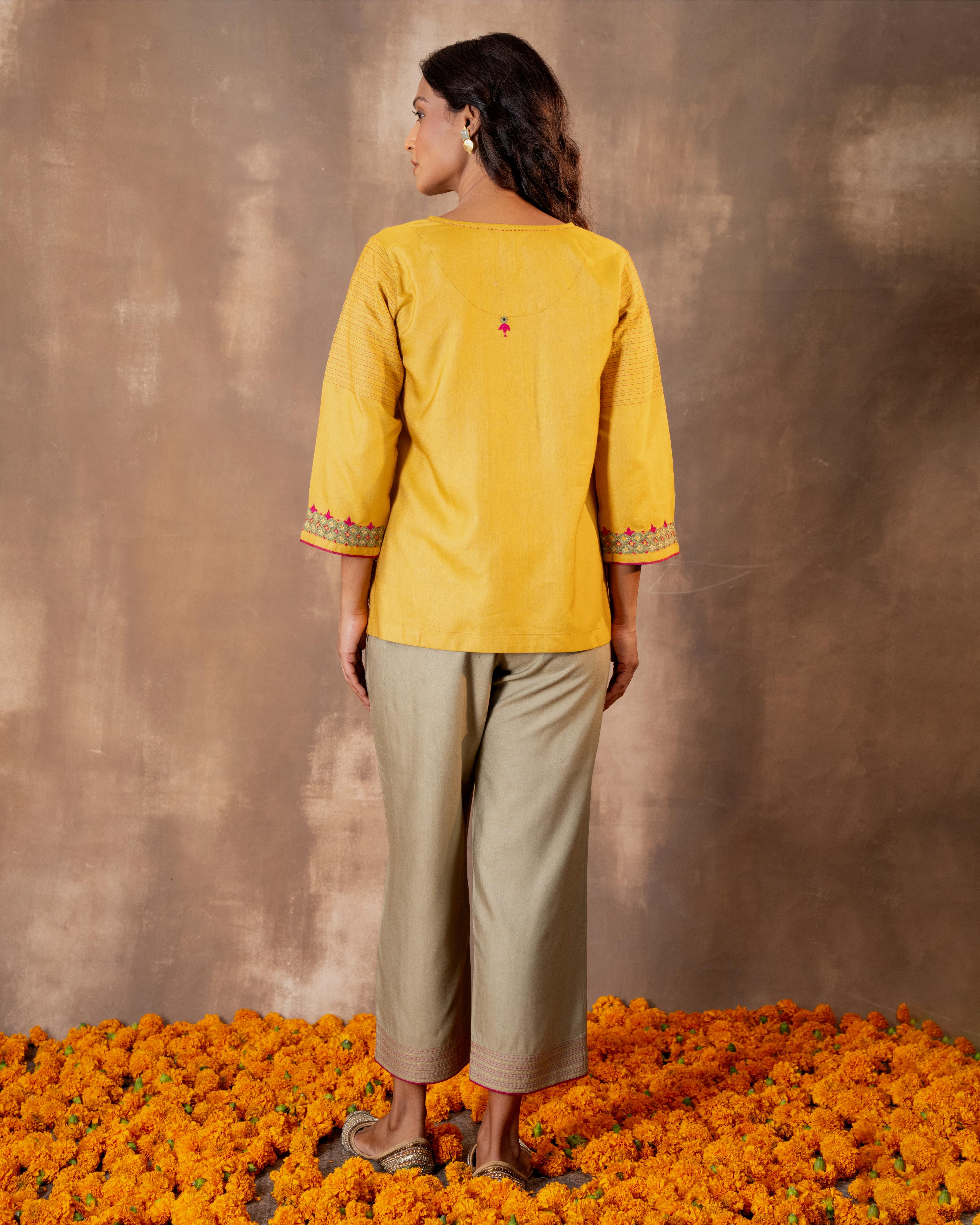 Ruhani Yellow Regular Fit Cotton Silk Top With Pakka Hand Embroidery