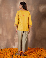 Ruhani Yellow Regular Fit Cotton Silk Top With Pakka Hand Embroidery