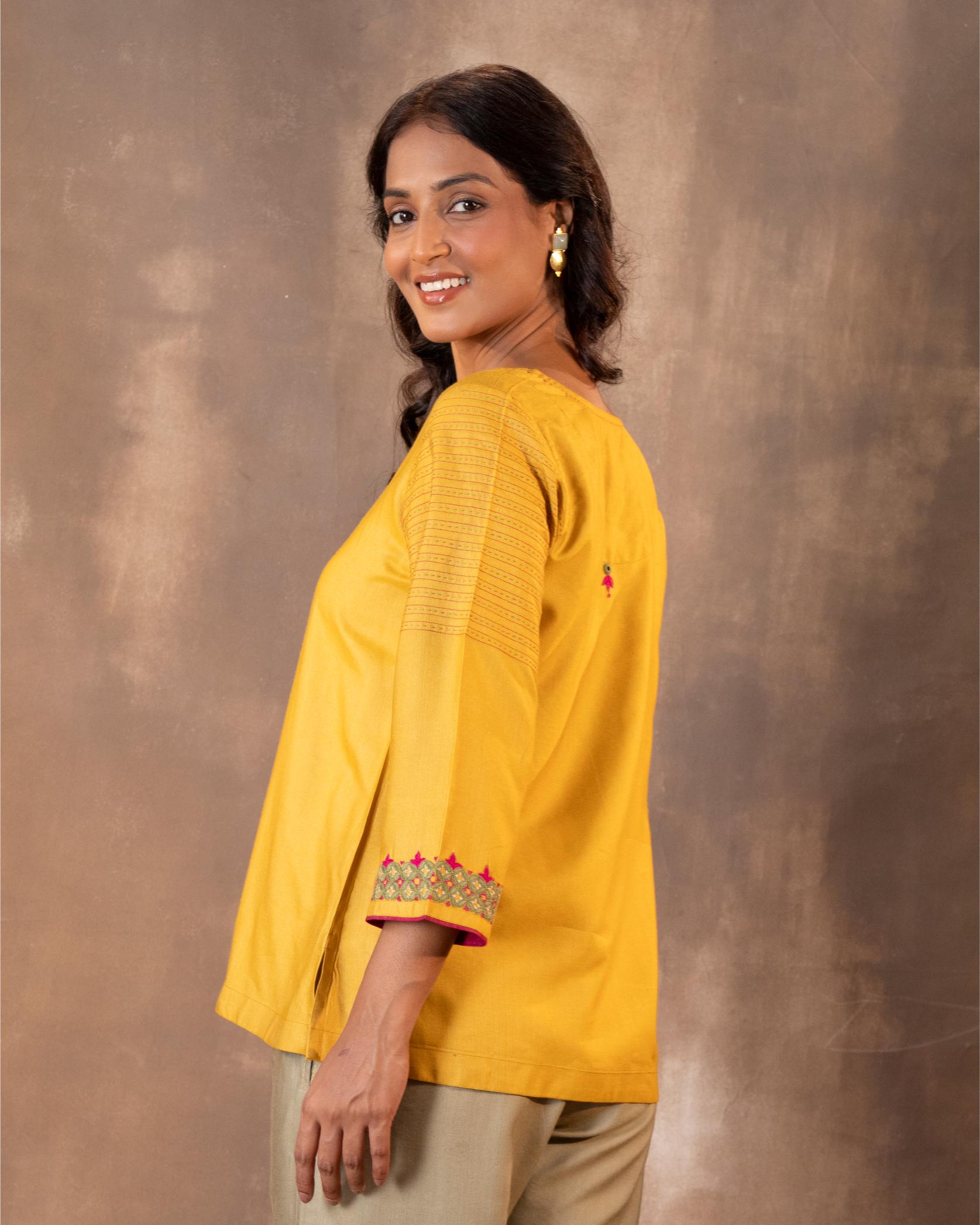 Ruhani Yellow Regular Fit Cotton Silk Top With Pakka Hand Embroidery