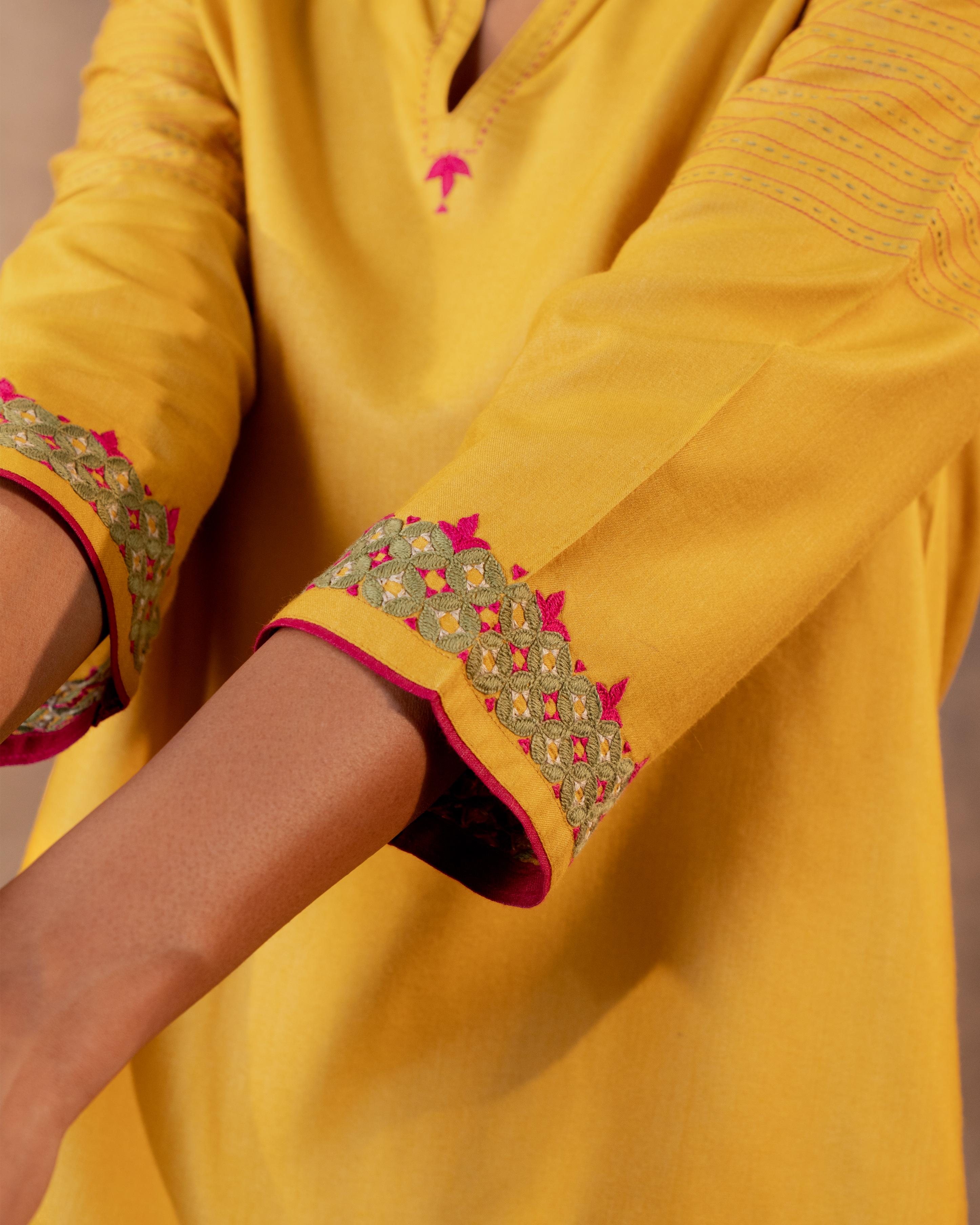 Ruhani Yellow Regular Fit Cotton Silk Top With Pakka Hand Embroidery
