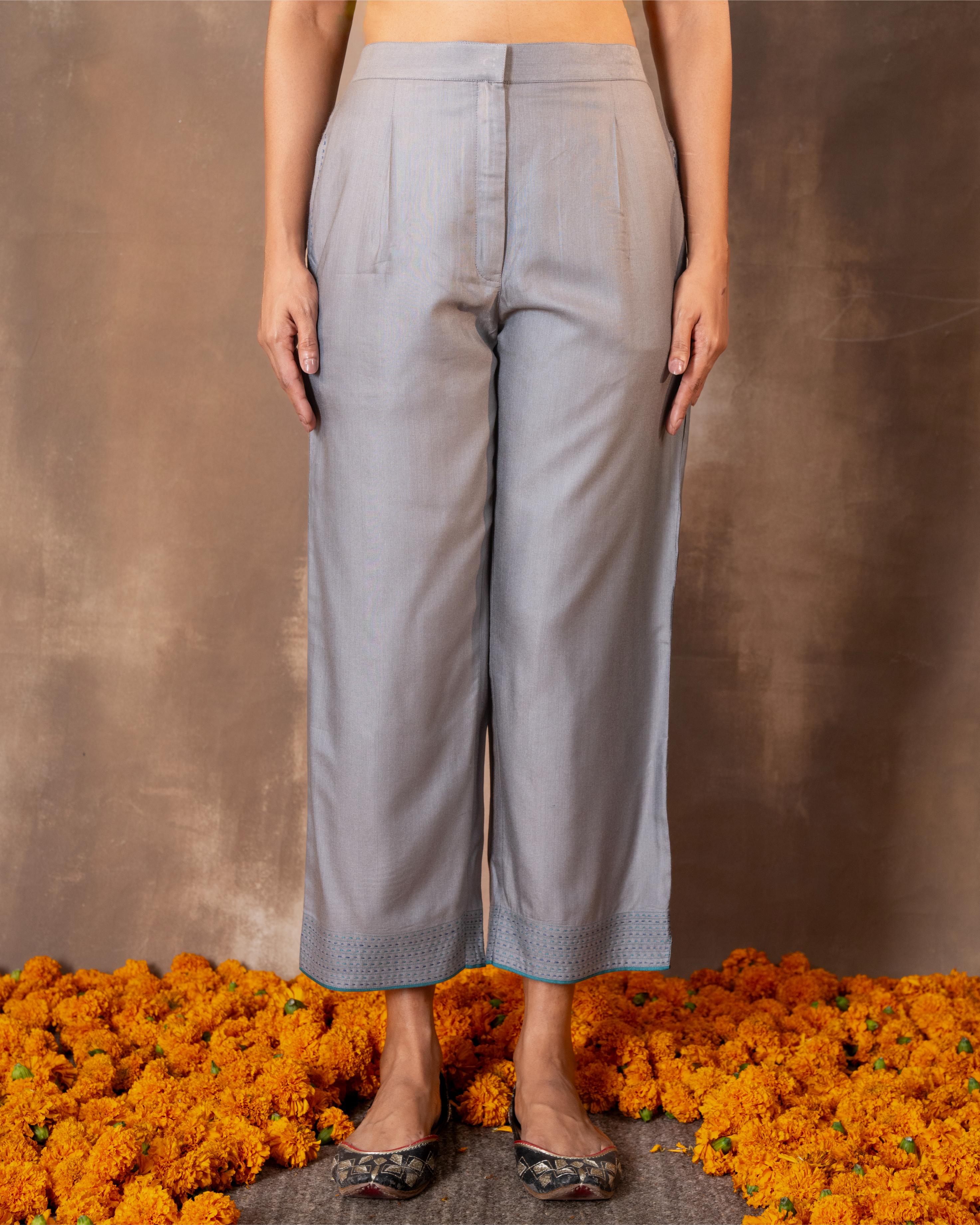 Ruhani Grey Straight-Fit Cotton Silk Pant With Soof Hand Embroidery