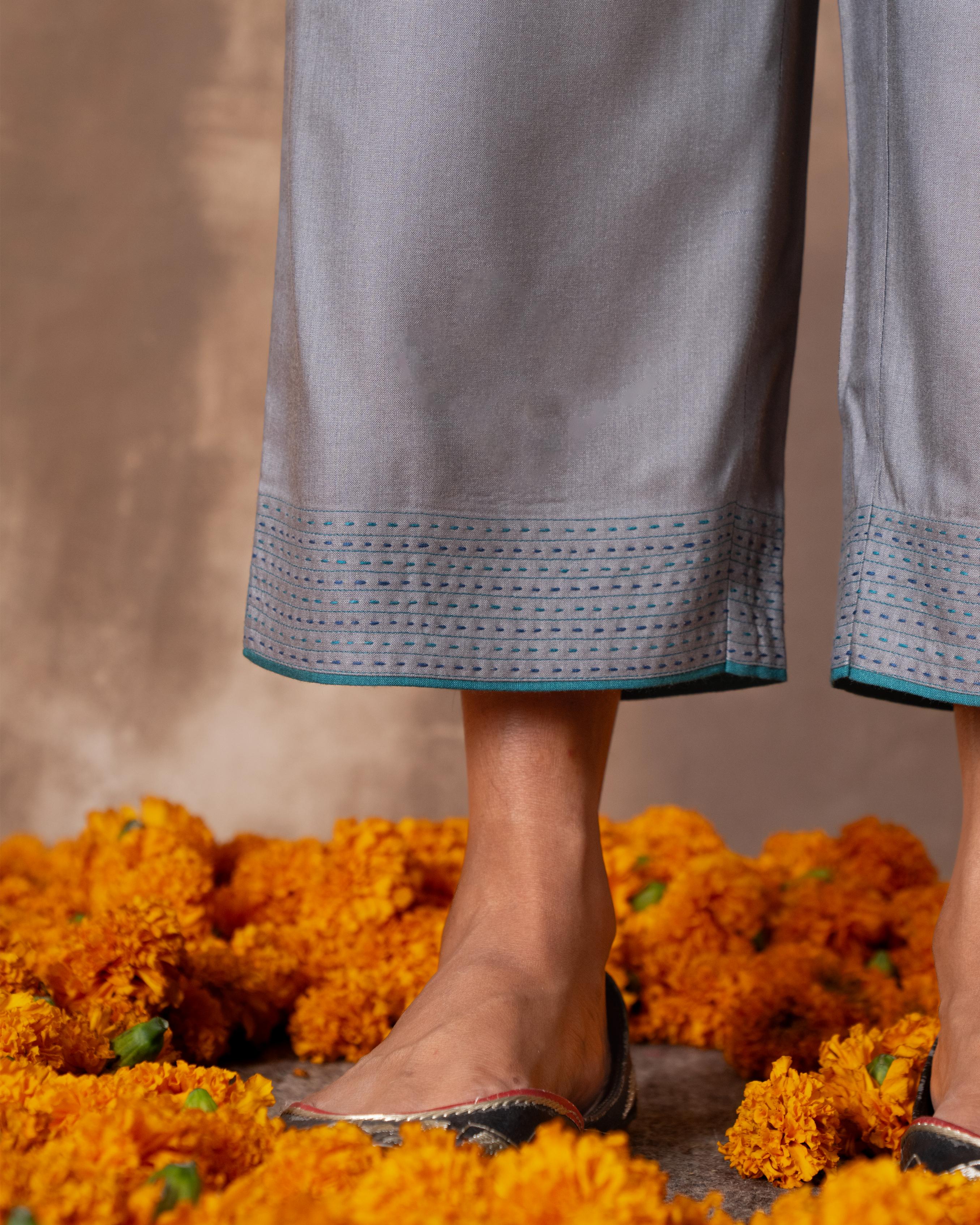 Ruhani Grey Straight-Fit Cotton Silk Pant With Soof Hand Embroidery