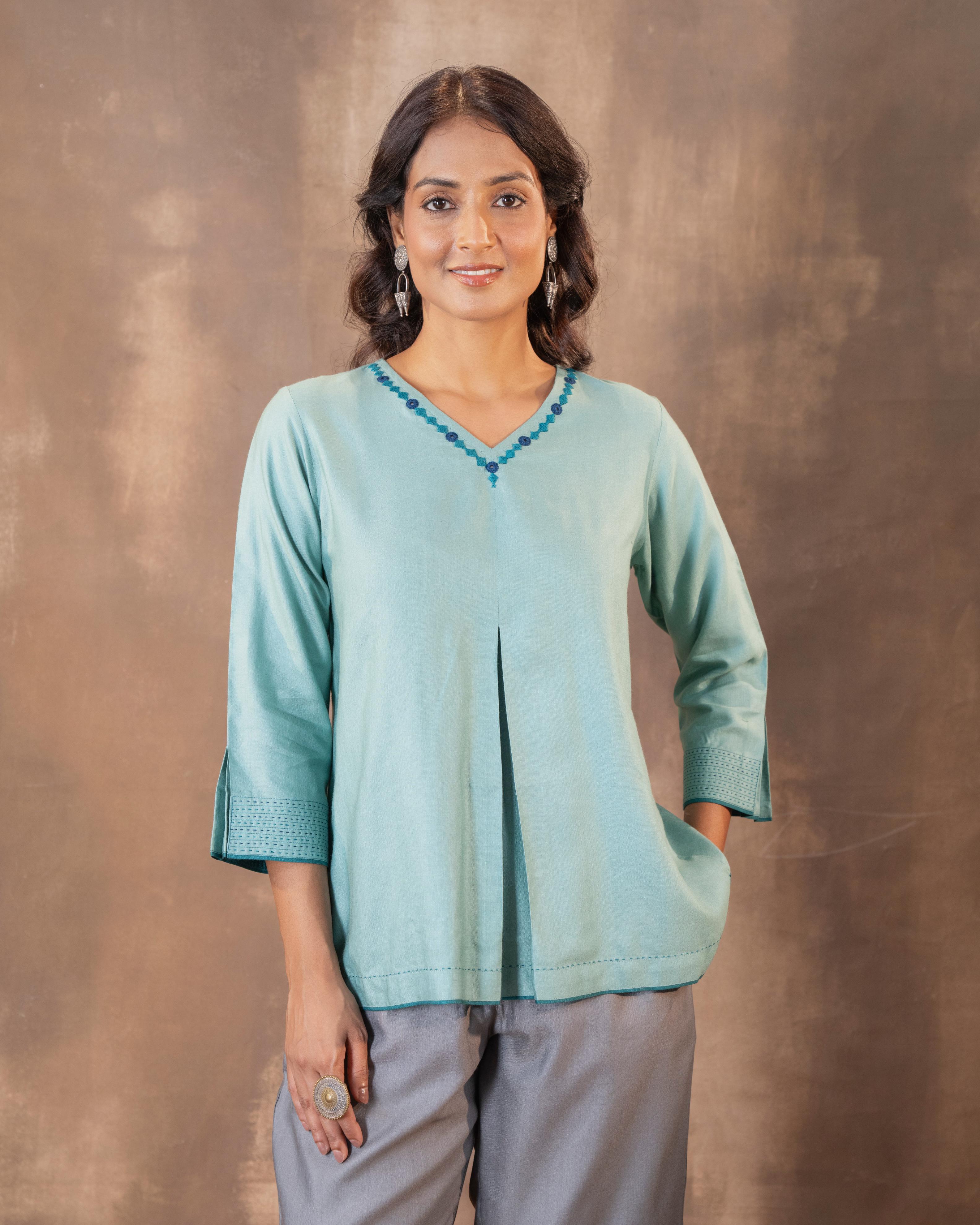 Ruhani Teal Regular Fit Cotton Silk Top With Soof Hand Embroidery