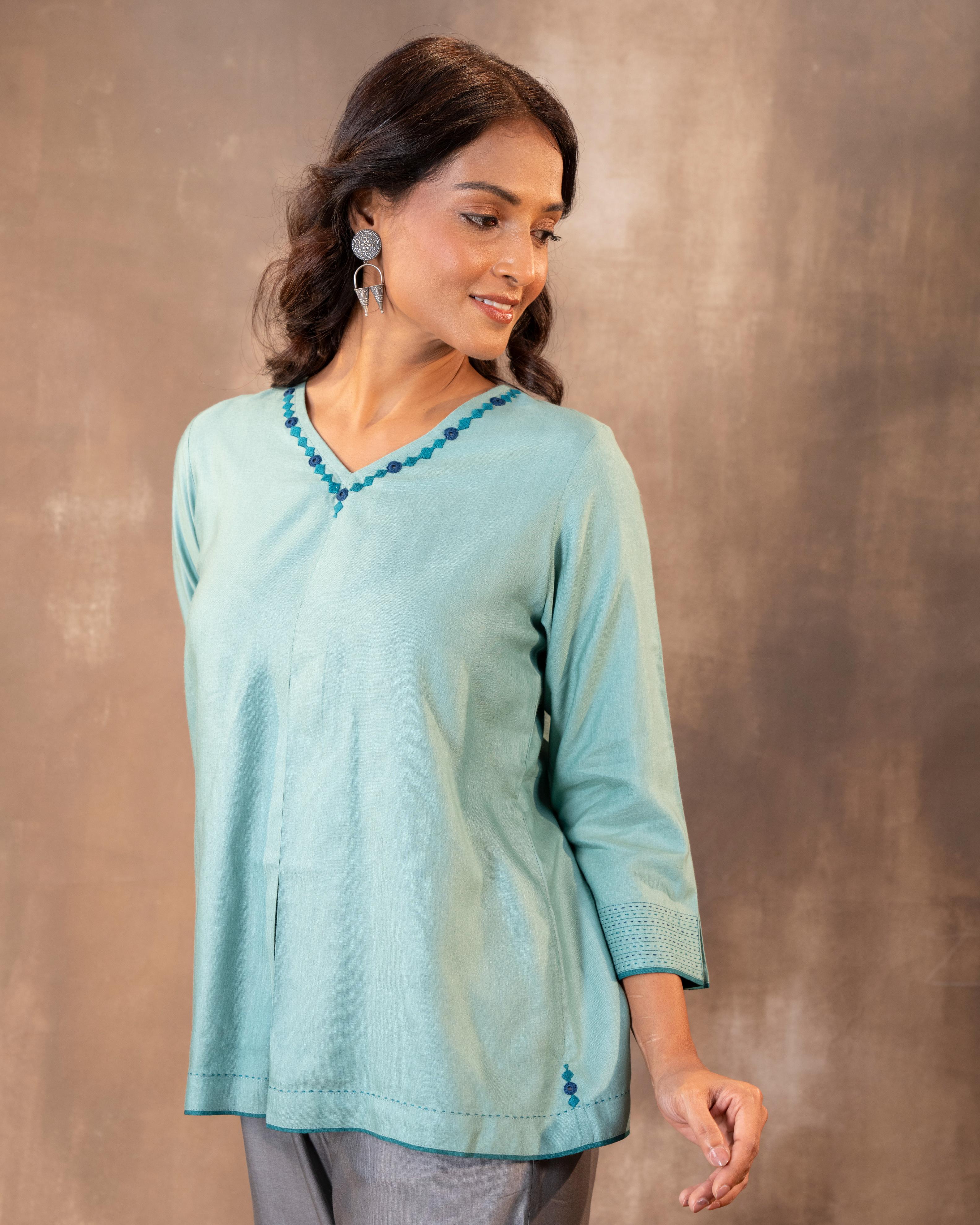 Ruhani Teal Regular Fit Cotton Silk Top With Soof Hand Embroidery